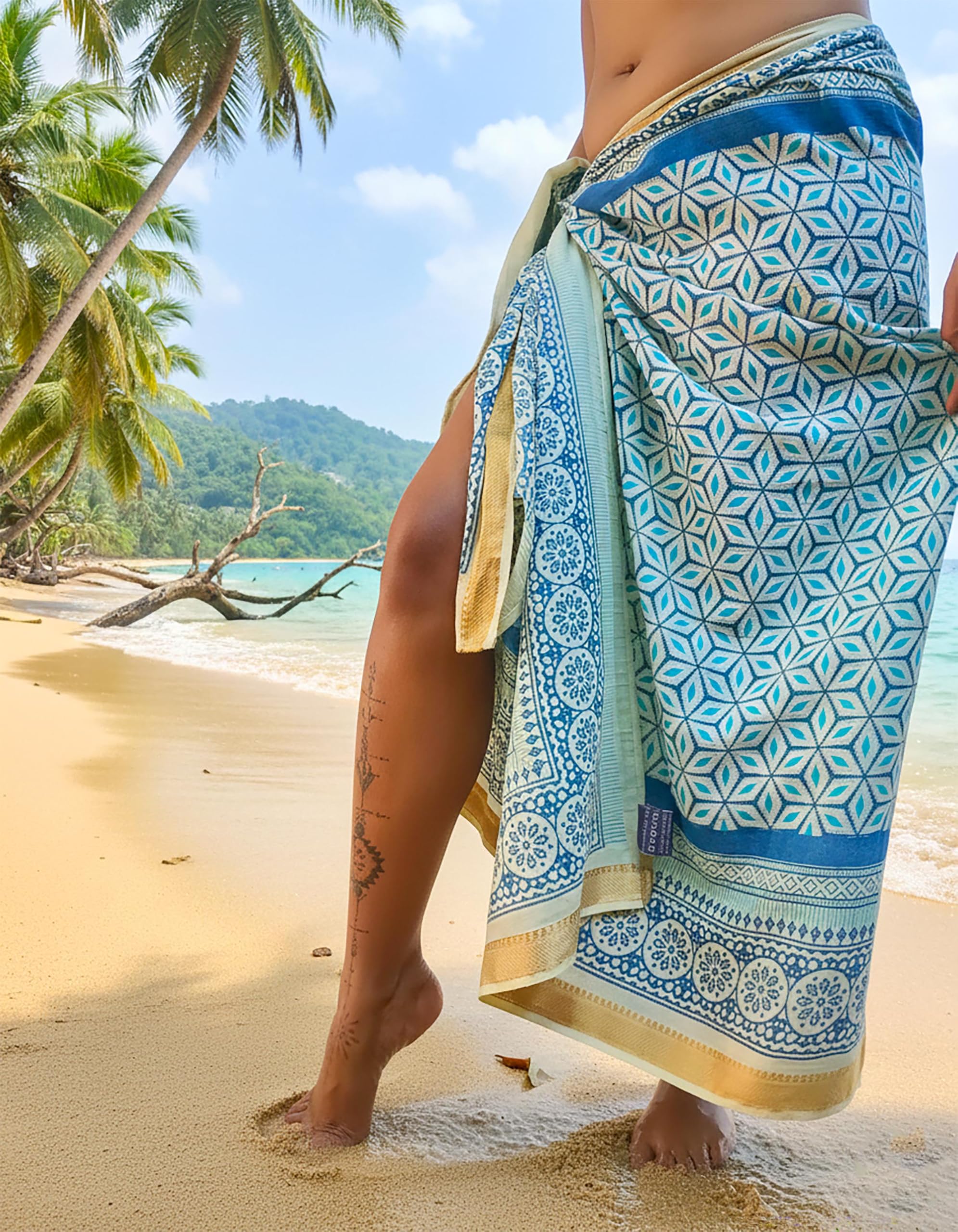 Mandala Life ART Pareo da Spiaggia Donna Stampato a Mano – Sarong Indiano con Bordo Dorato – Cotone Morbido