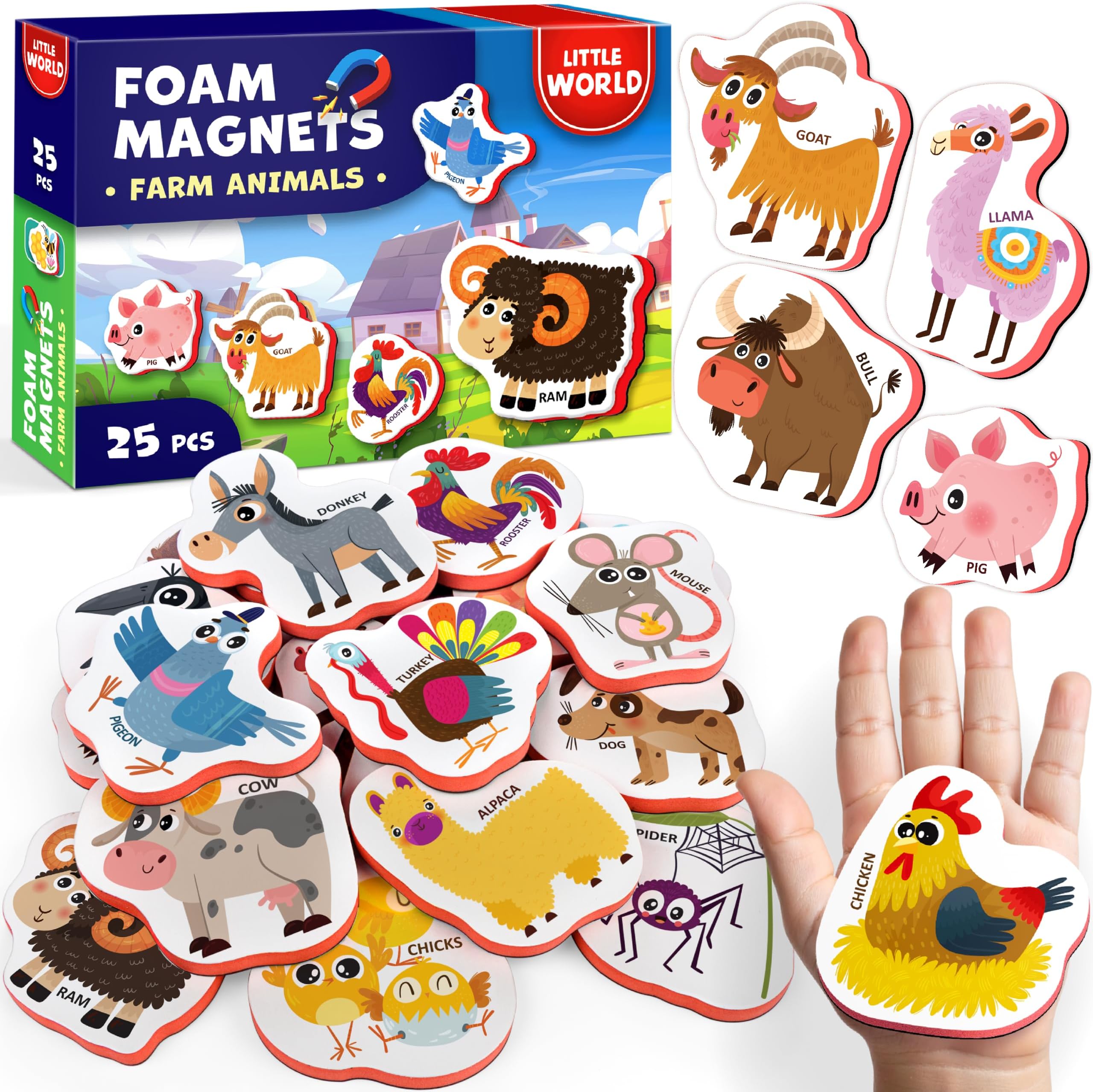Little World 25 Fridge Magnets for Kids 1-3 years – Safe, Durable, Waterproof, Foam Magnetic Animals for Toddlers with Colorful Gift Box, Non-Toxic Farm Animal Magnets for Children and Babies