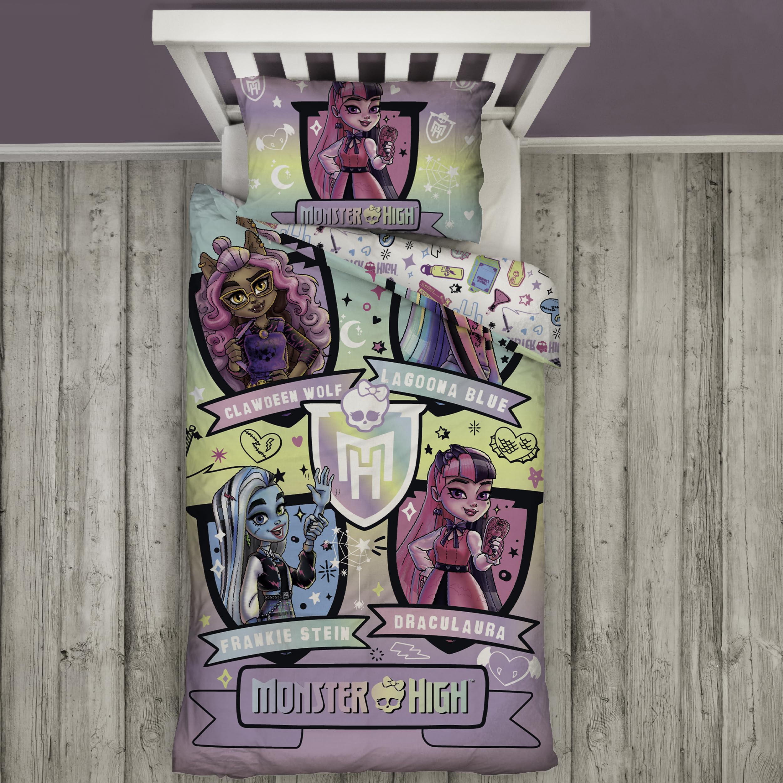 Character World Monster High oficjalnie licencjonowany zestaw poszewek na kołdrę z motywem dzikiego designu, dwustronna, 2-stronna pościel dla lalek z pasującą poszewką na poduszkę, idealna do