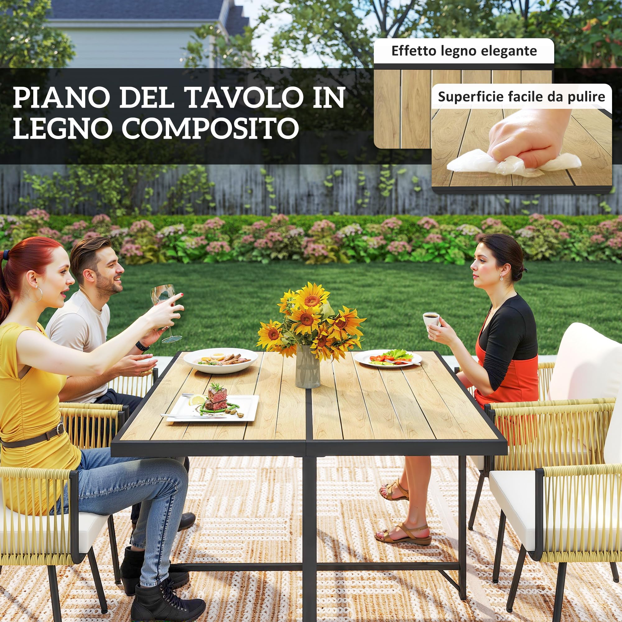 Outsunny Set Tavolo e Sedie da Giardino in Rattan 5 Pezzi, Pranzo Esterno con Tavolo Effetto Legno, Cuscini Lavabili, Salvaspazio