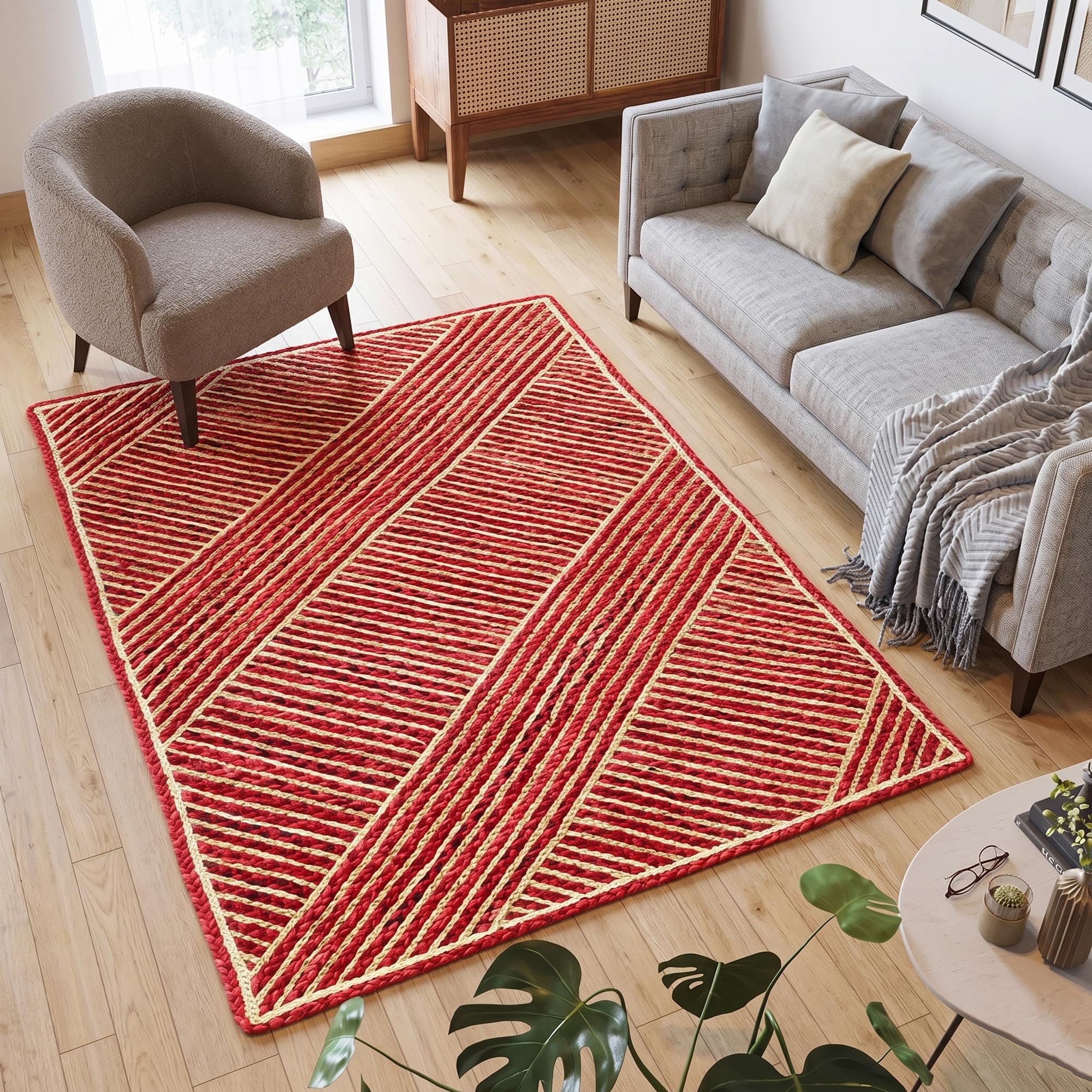 Tapis en jute tressé main haut de gamme aux détails Chindi géométriques