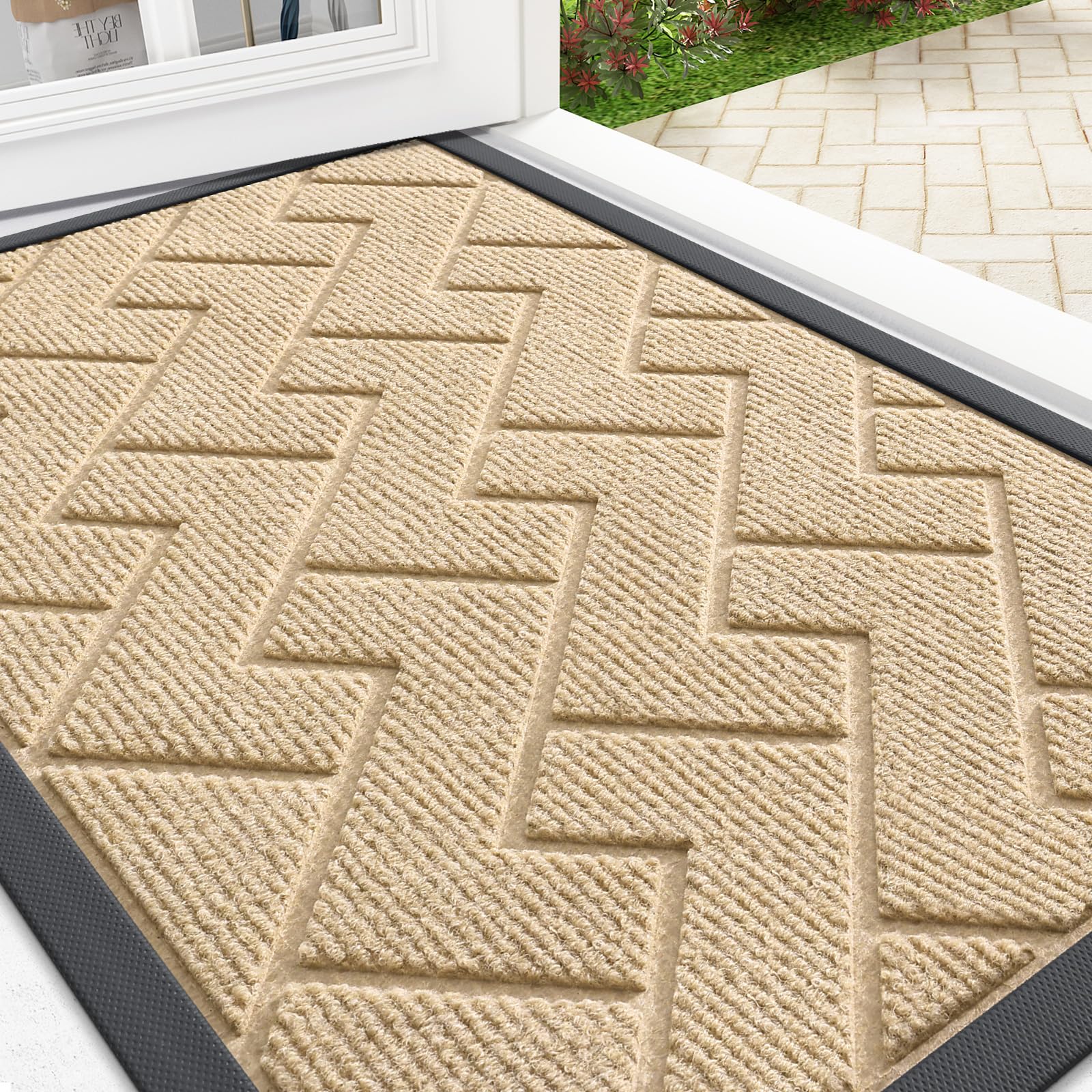 OLANLY Front Door Mat Outside 29.5x17, All-Season Absorbent Rubber Doormat | Beige, Heavy-Duty, Stain and Fade Resistant, Waterproof Non-Slip Backing, Low-Profile Indoor Outdoor Floor Mat for Entryway