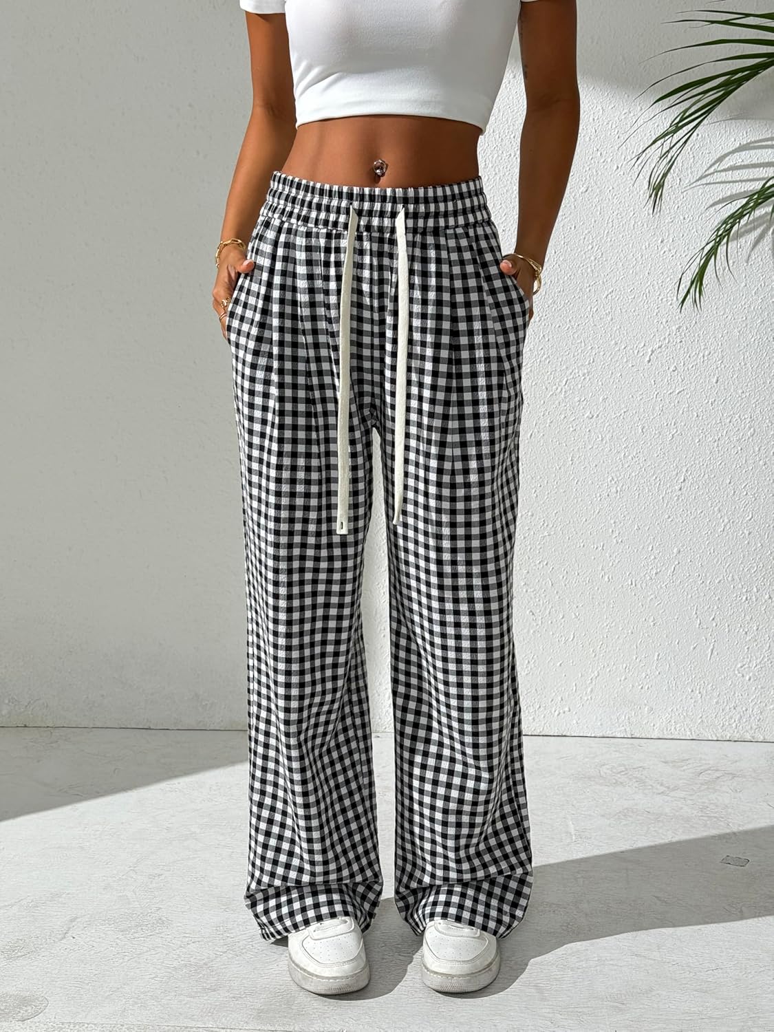 Women's Gingham Plaid Pants Summer Beach High Elastic Waist Wide Leg Palazzo Pants - Image 4