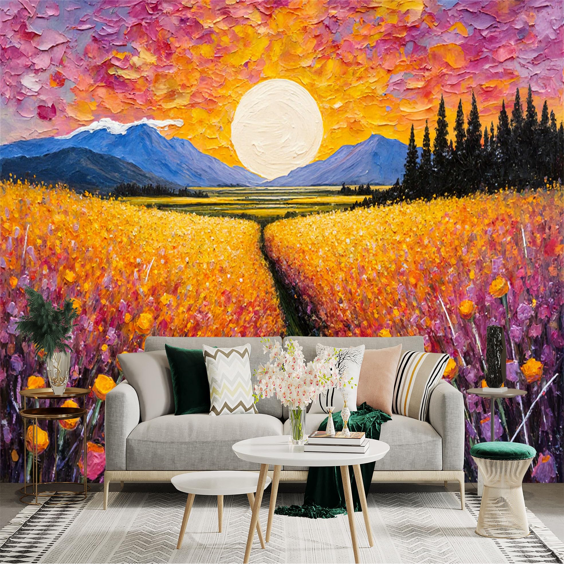 Custom Size Wall Sticker Mural， Sunset Over Flower Field with Mountains and Colorful Sky， for wall Decoration， peelandstick wall Decals.