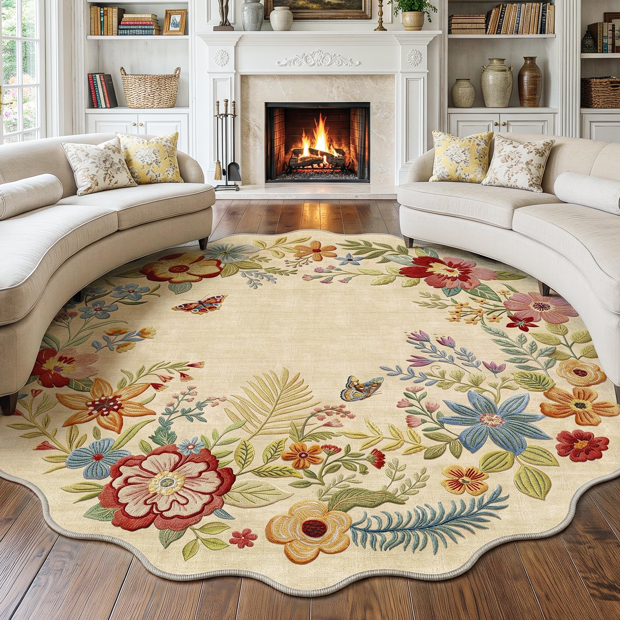 8-Foot Round Boho Scalloped Area Rug, Beige