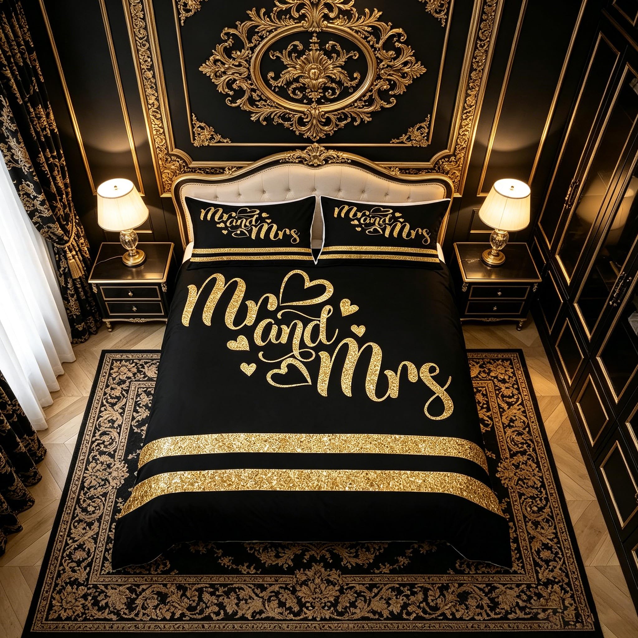 Manfei Mr and Mrs Duvet Cover Set Single Size, Gold Glitter Comforter Cover with 1 Pillowcase, Sparkling Hearts Stripes Bedding Set 2pcs for Lovers Couples Adults Room Decor Romantic Bedspread Cover โ image 1