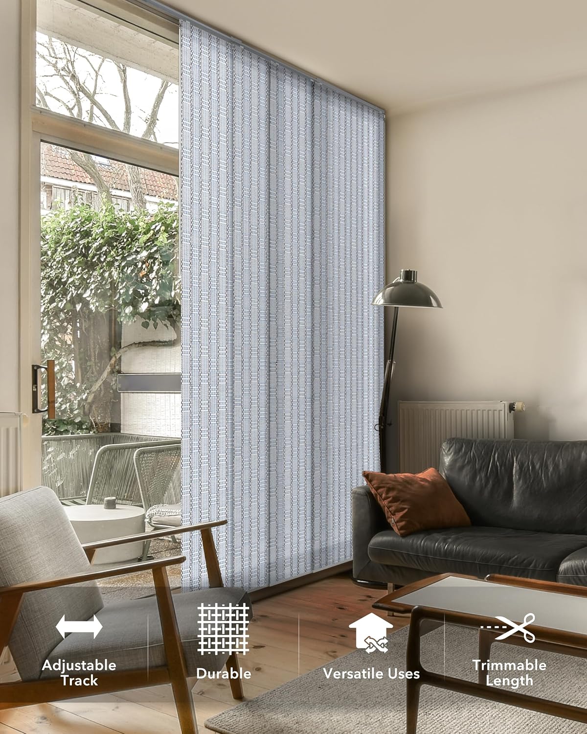 GoDear Design Deluxe Sliding Vertical Blinds,White Trendy Door Blinds, Blue Panel Track Blinds, Patio Room Dividers, 45.8"- 86" W x 96" H, Extendable Track, Designer Pattern Woven Panels, Mykonos