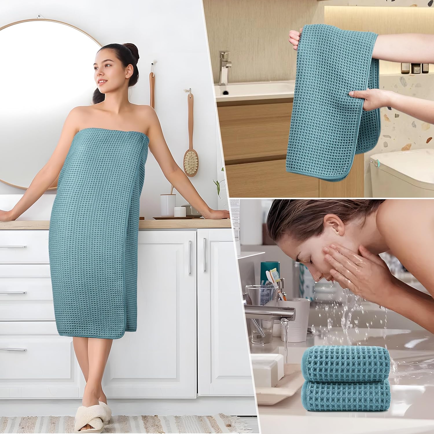 POLYTE 430 GSM Microfiber Quick Dry Lint Free Oversize Bath Towel Set, 6 Piece (Waffle Weave) - Image 5