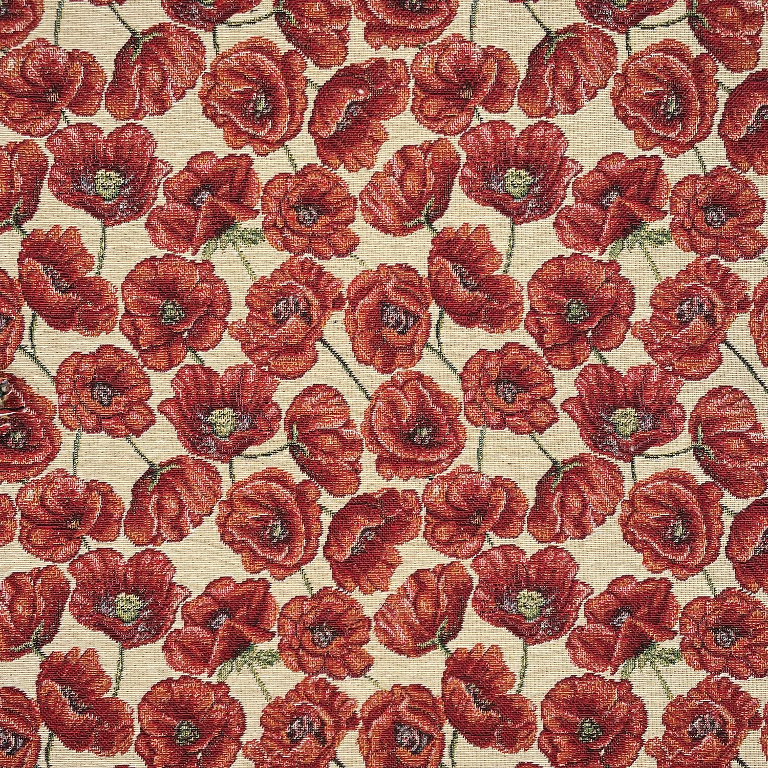 Tapestry Fabric - Medium Heavyweight Upholstery & Soft Furnishing Material - Poppies on Cream - Per Metre