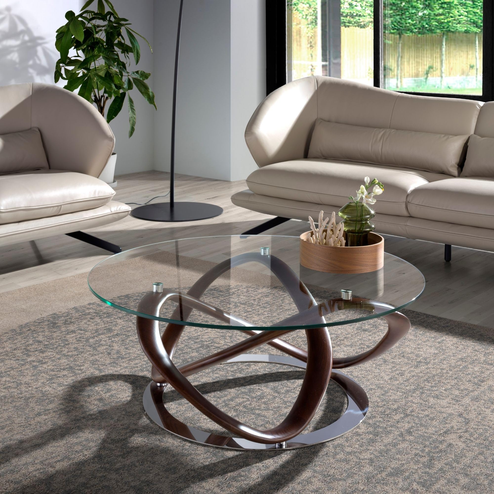 Angel Cerdá – Tavolino Salotto Moderno in Vetro Temperato e Legno di Faggio color Noce | Tavolino Rotondo Contemporaneo ed Elegante | Gambe in Legno | Ideale per il Soggiorno | Ø100 x 39 cm