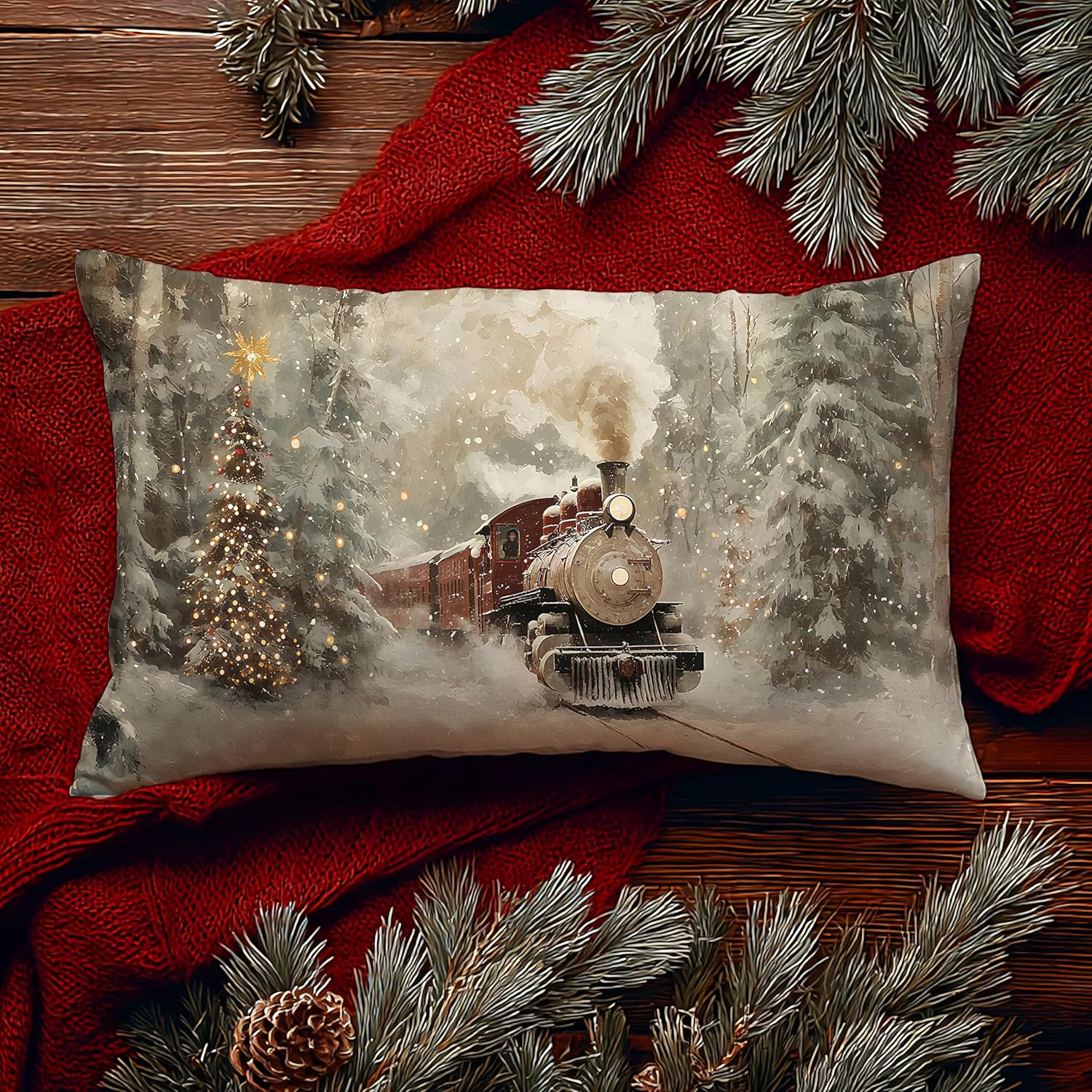 Vintage Christmas Tree Train Pillow Covers 12x20 Double-Sided, Nostalgic Christmas Decor, Neutral Rustic Winter Train Decorative Throw Pillow Covers for Home Bedroom Living Room