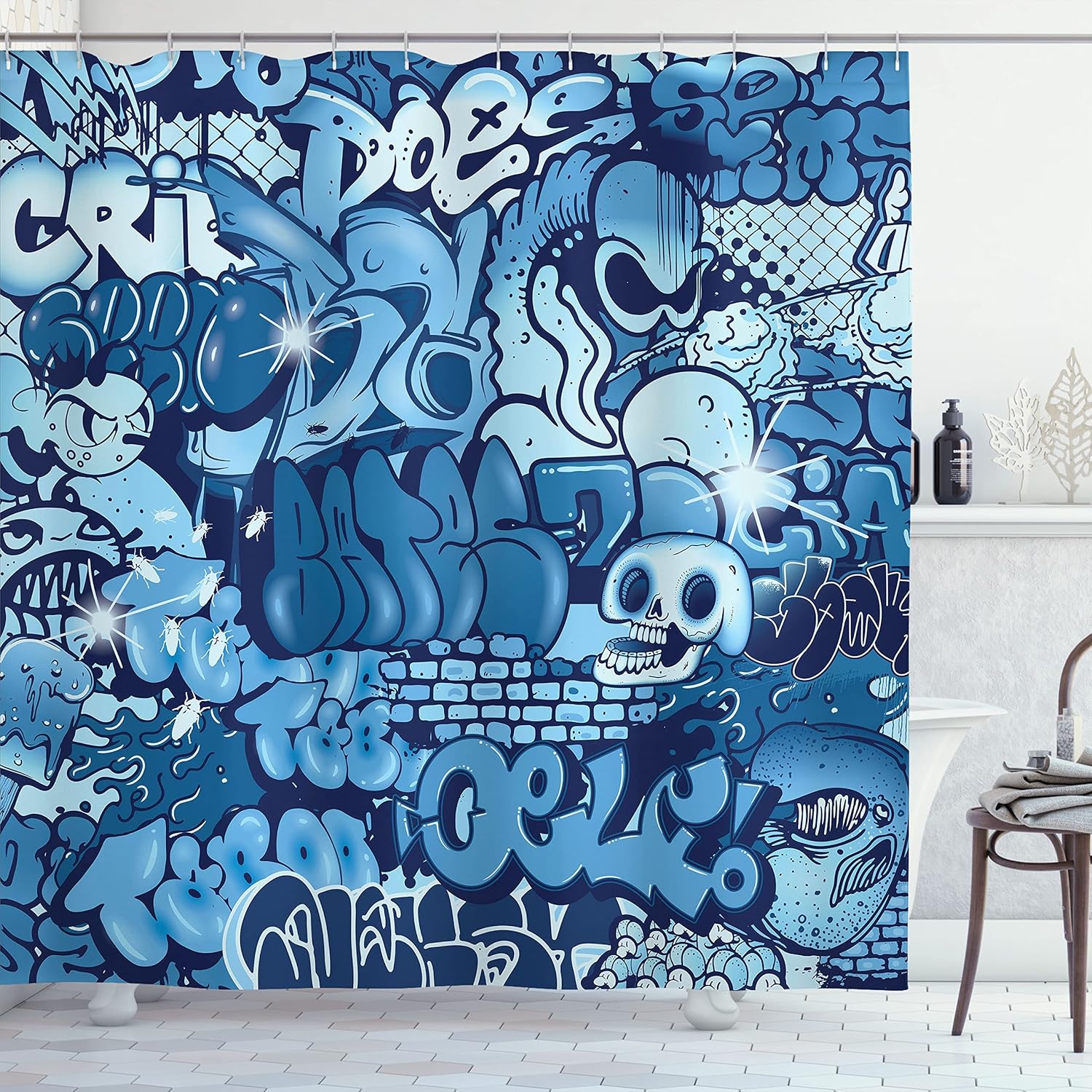 Ambesonne Urban Graffiti Shower Curtain, Xenomorph Alien and Skull on Aquatic Shaded Artistic Street Art, Cloth Fabric Bathroom Decor Set with Hooks, 69" W x 70" L, Navy Blue and Pale Blue