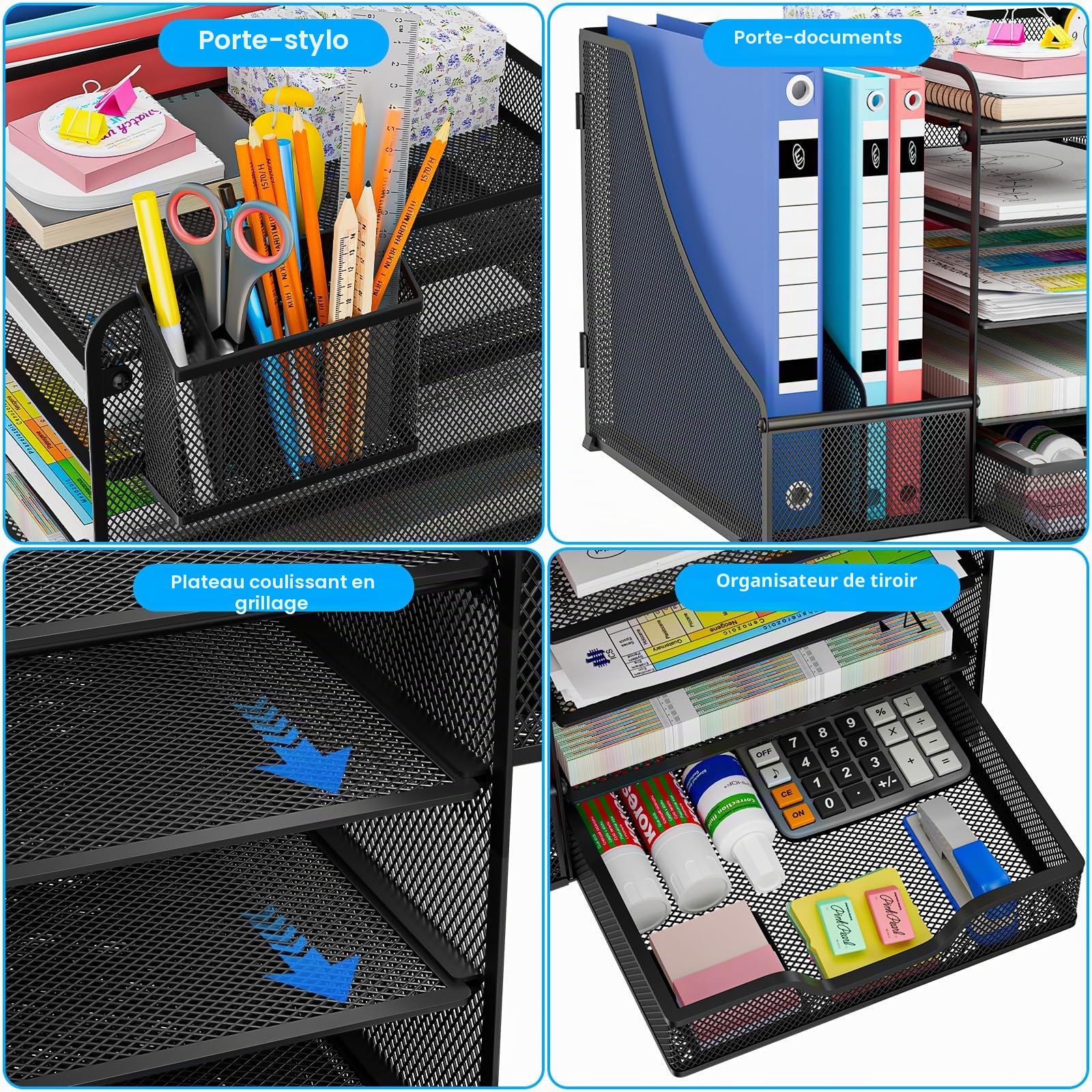 Organisateur de Bureau, Organiseur Bureau, 5-Corbeille a Courrier avec Tiroir, Porte Stylos, Multifonctionnel Rangement pour Bureau Maison