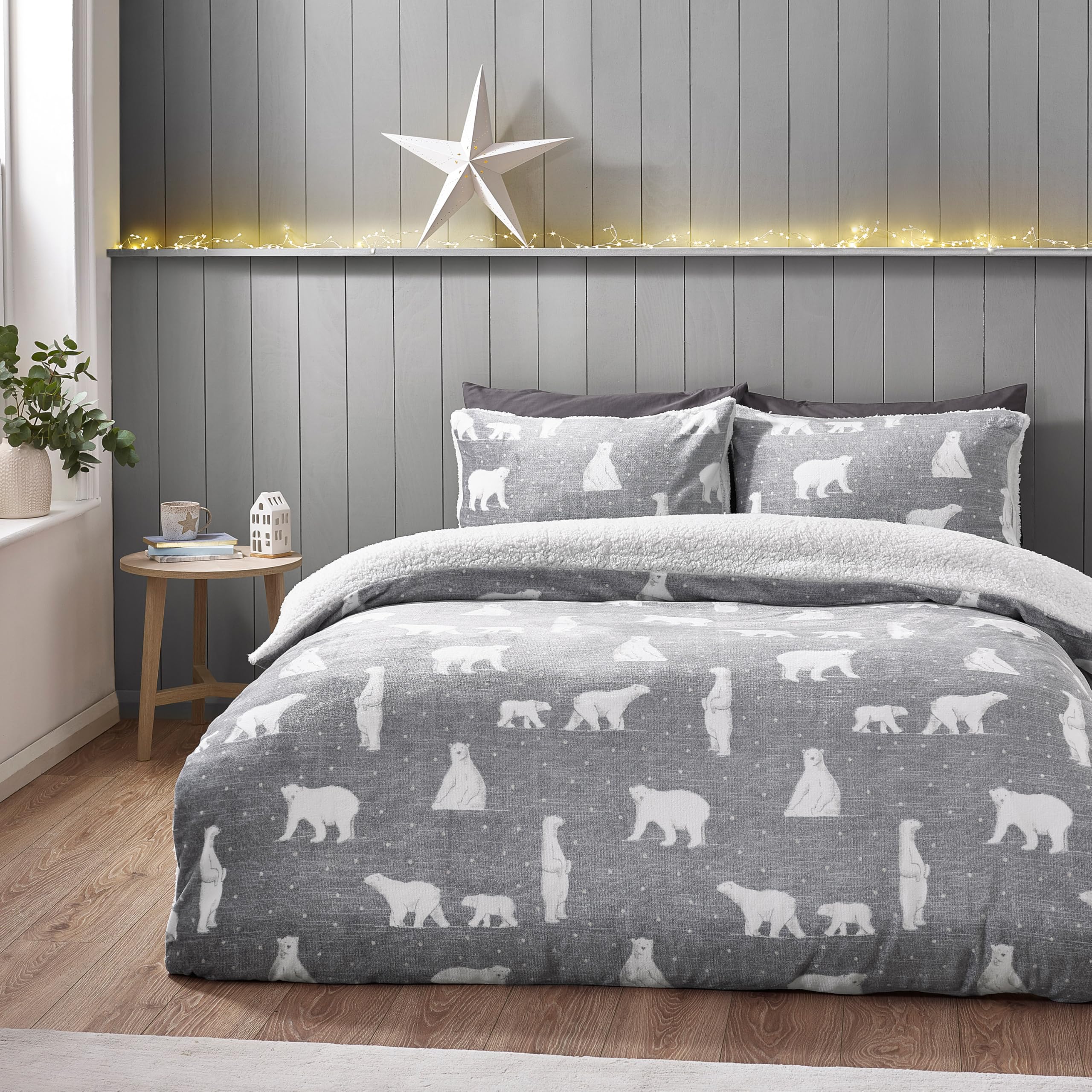 Catherine Lansfield Cosy Polar Bear Soft Sherpa Single Duvet Cover Set with Pillowcase Grey