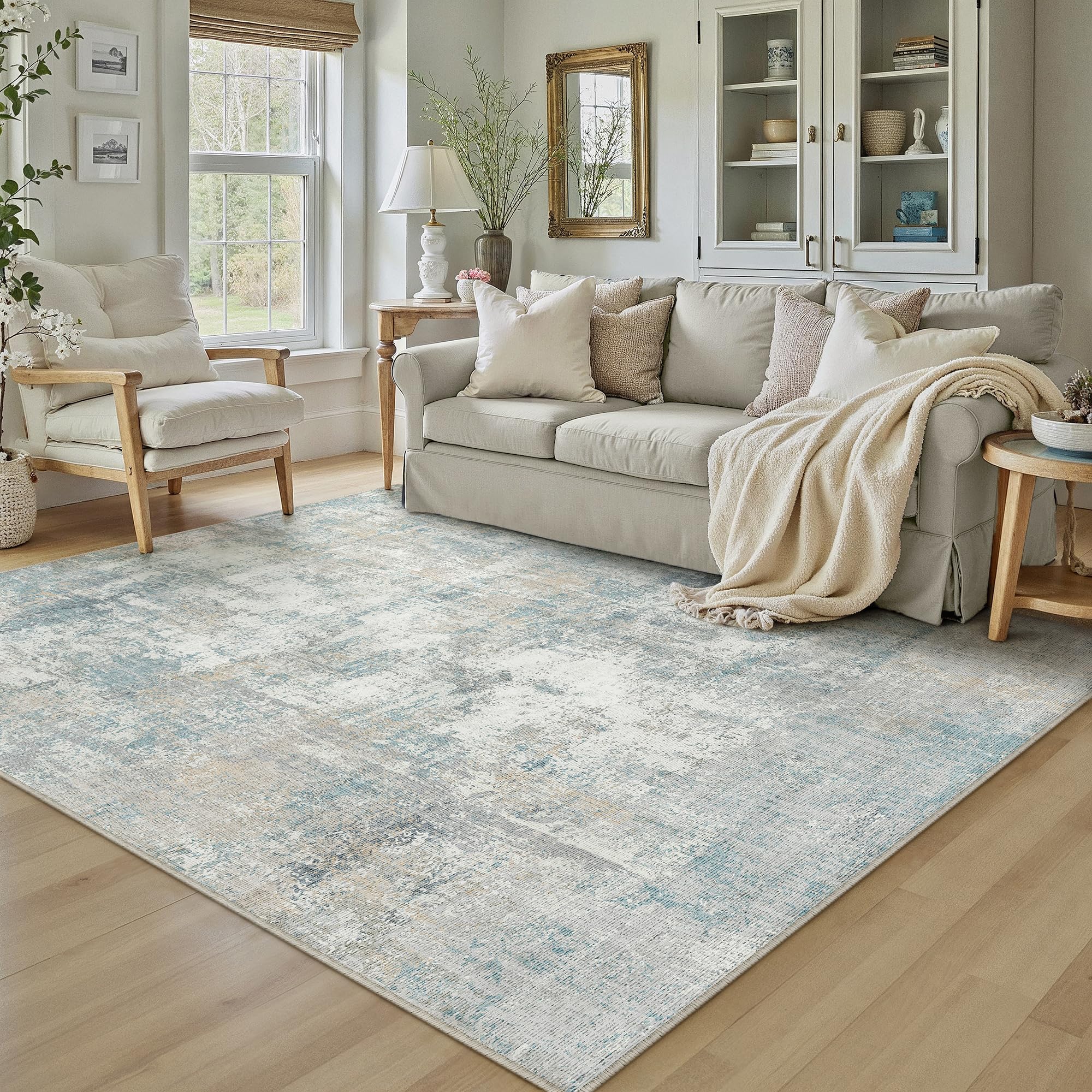 Amazon.com: WondRg 6x9 Blue Cream Abstract Area Rug | Washable