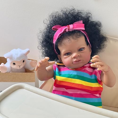 Miniatura 5 de cosheng Reborn - Muñecas negras de 20 pulgadas, muñeca de bebé recién nacida realista de silicona para niños pequeños afroamericanos con ropa y