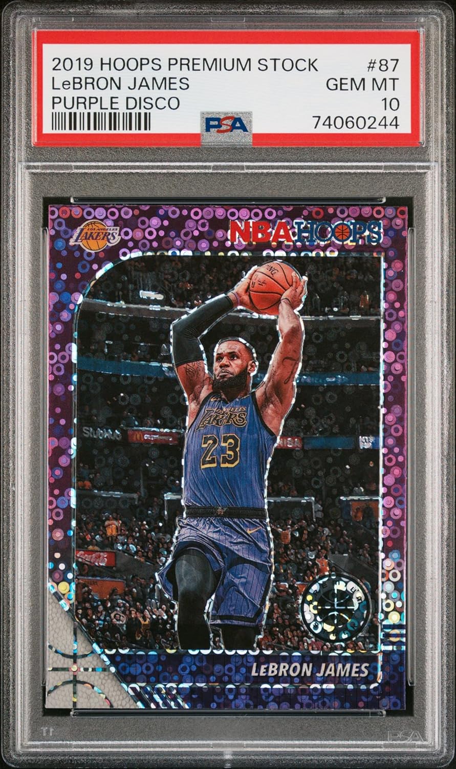 LeBron James 2019 Panini Hoops Premium Stock Purple Disco Card #87 Graded PSA 10