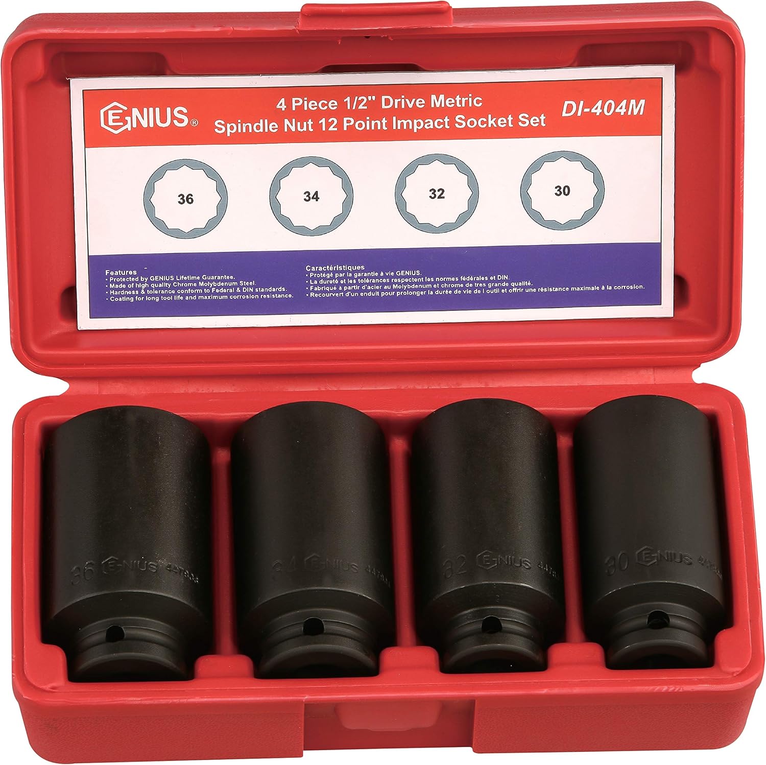 GENIUS TOOLS 4PC 1/2" Dr. Metric Spindle Nut Impact Socket set (12-Point) (CR-Mo) - DI-404M