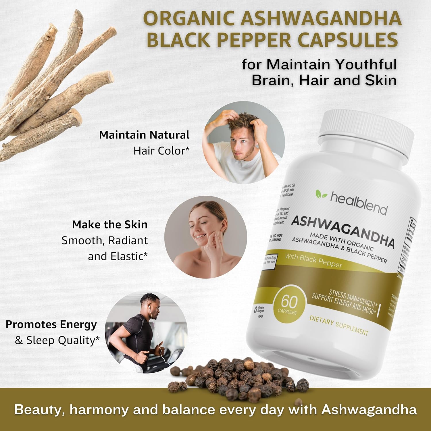 healblend Organic Ashwagandha 1300mg with Black Pepper Extract - Mood & Energy Support Supplement - 60 Capsules (1) - Image 3