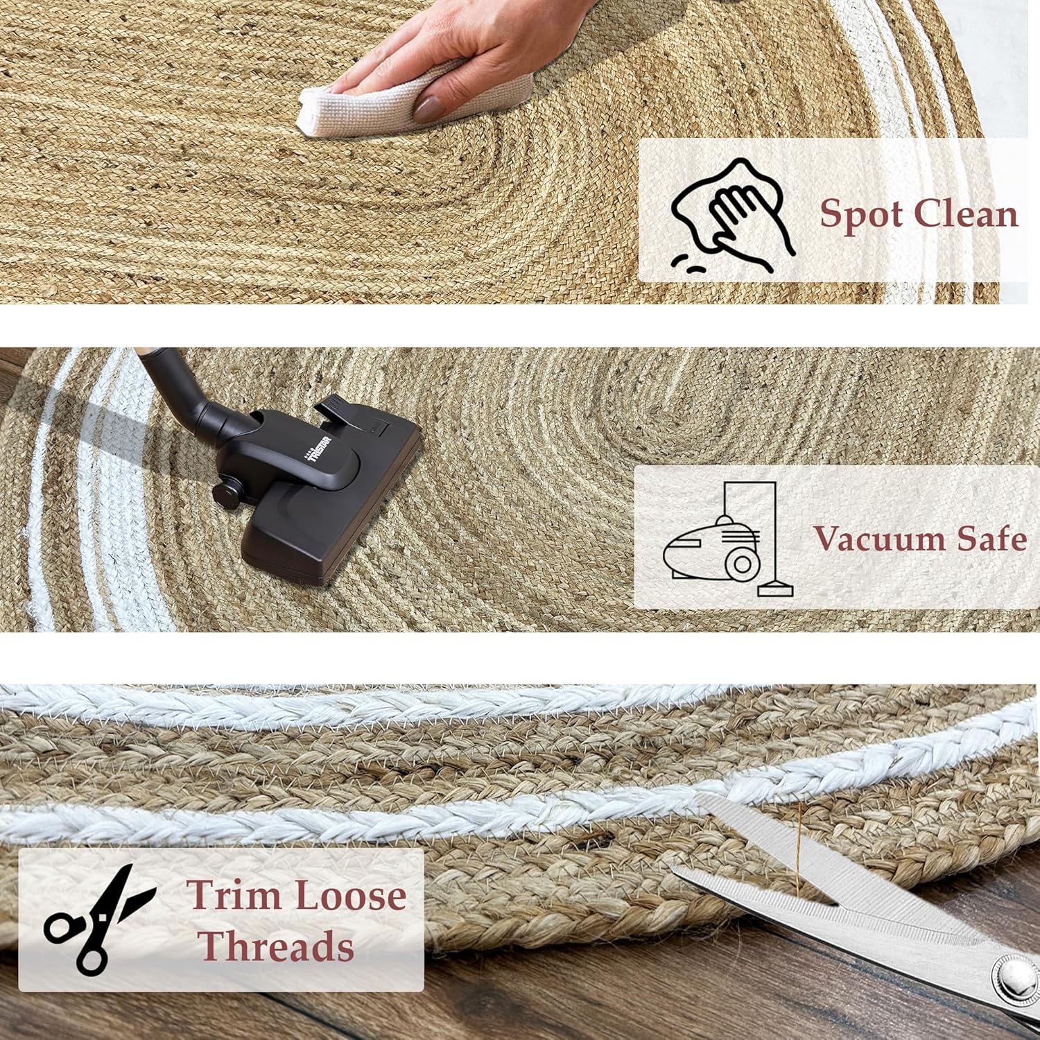 Jute Area Rug 10x18 Handmade Fiber Jute Rugs White Border Pattern Boho Oval Rug Thick 0.27" Hand Braided Rugs Ideal for High Traffic Area Living Room Bedroom Dining Room & Home Décor
