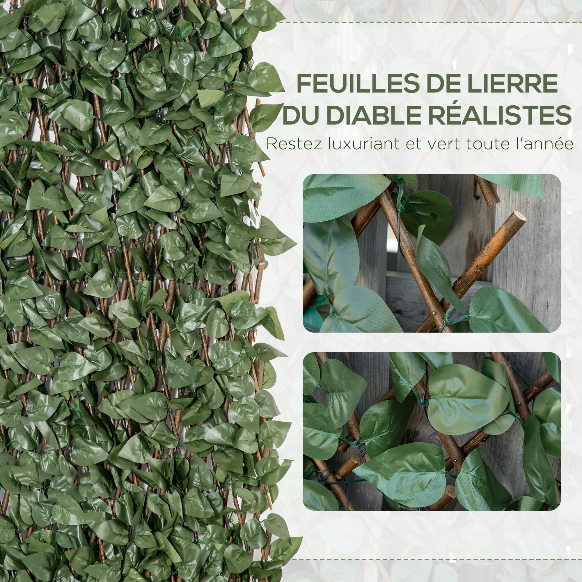 Outsunny Lot de 4 Haies Artificielles de Lierre, Feuilles Murale Brise-vue Extensible en Polyester Osier, Clôture Décorative Artificielle 200 x 100 cm pour Jardin Extérieur Balcon Terrasse, Vert