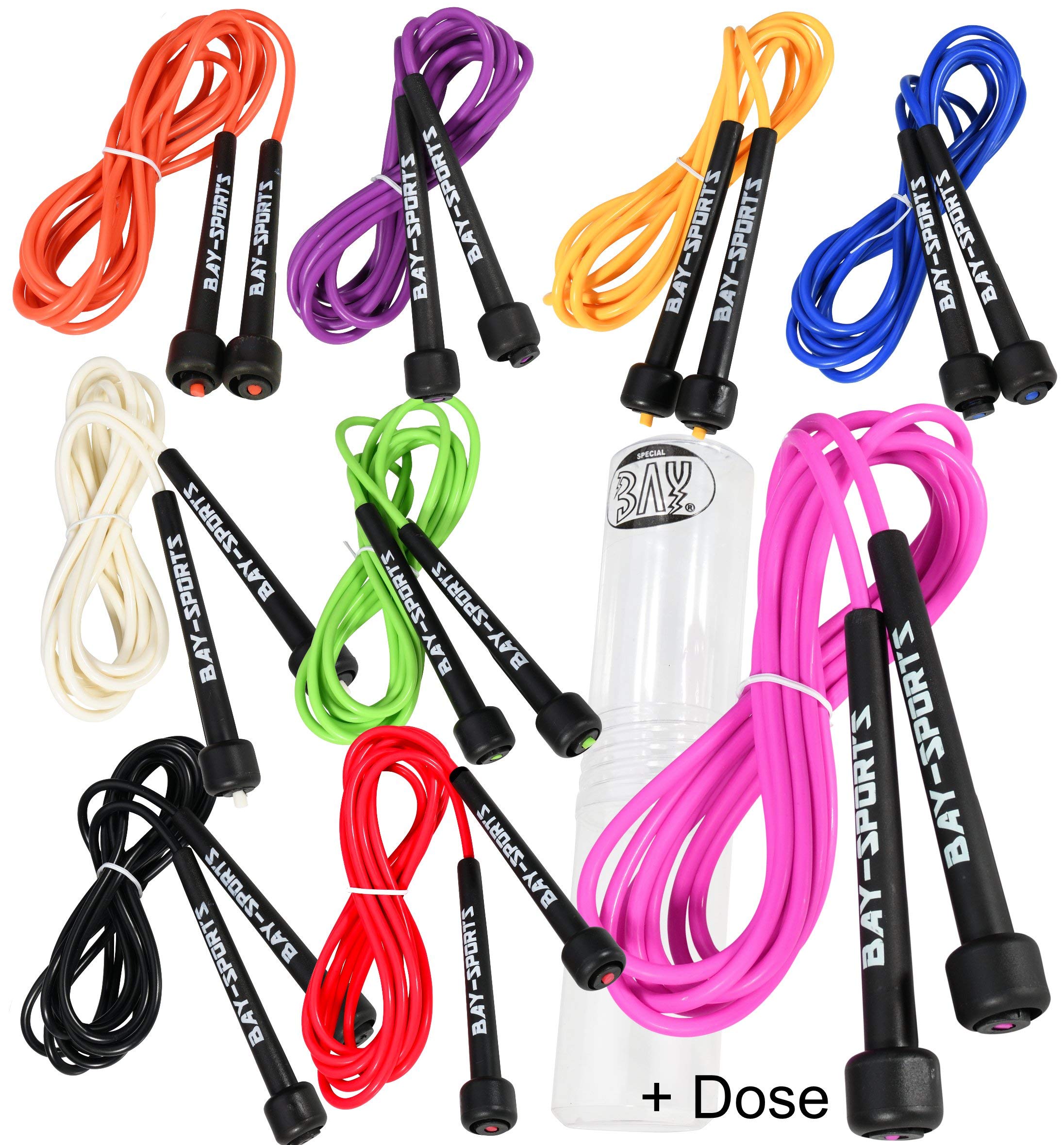 BAY Sports Nylon Springseil Set 10 Stück, 310 cm Längenverstellbar, mit Aufbewahrungsdose, in Schwarz, Weiß, Rot, Blau, Pink