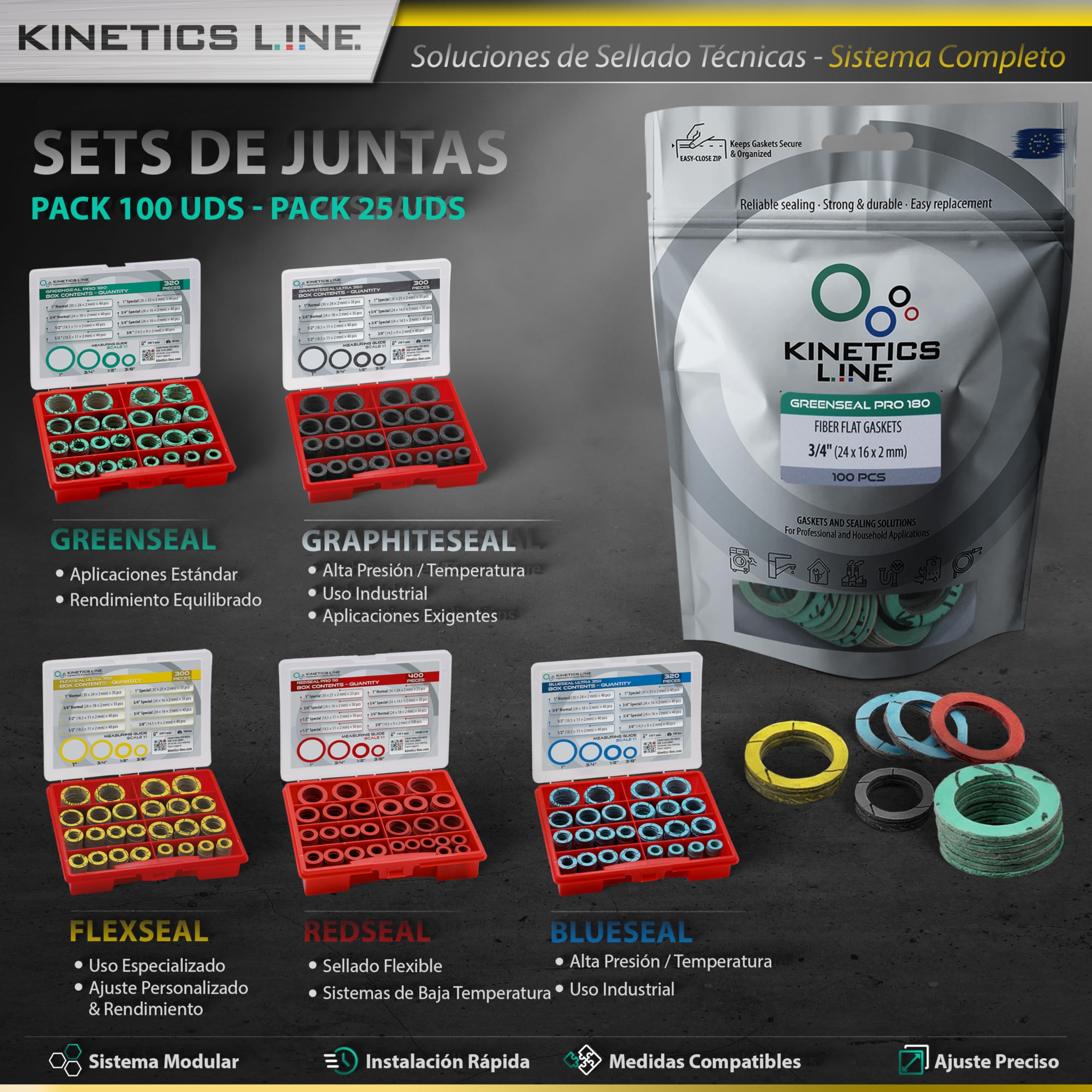 Juego De Juntas Planas De Estanqueidad Flexibles 300 Piezas – Surtido De Juntas De Brida 3/8–1 Pulgada – Alta Temperatura 350°C 100 Bar – Para Gas Agua Caldera Calefacción