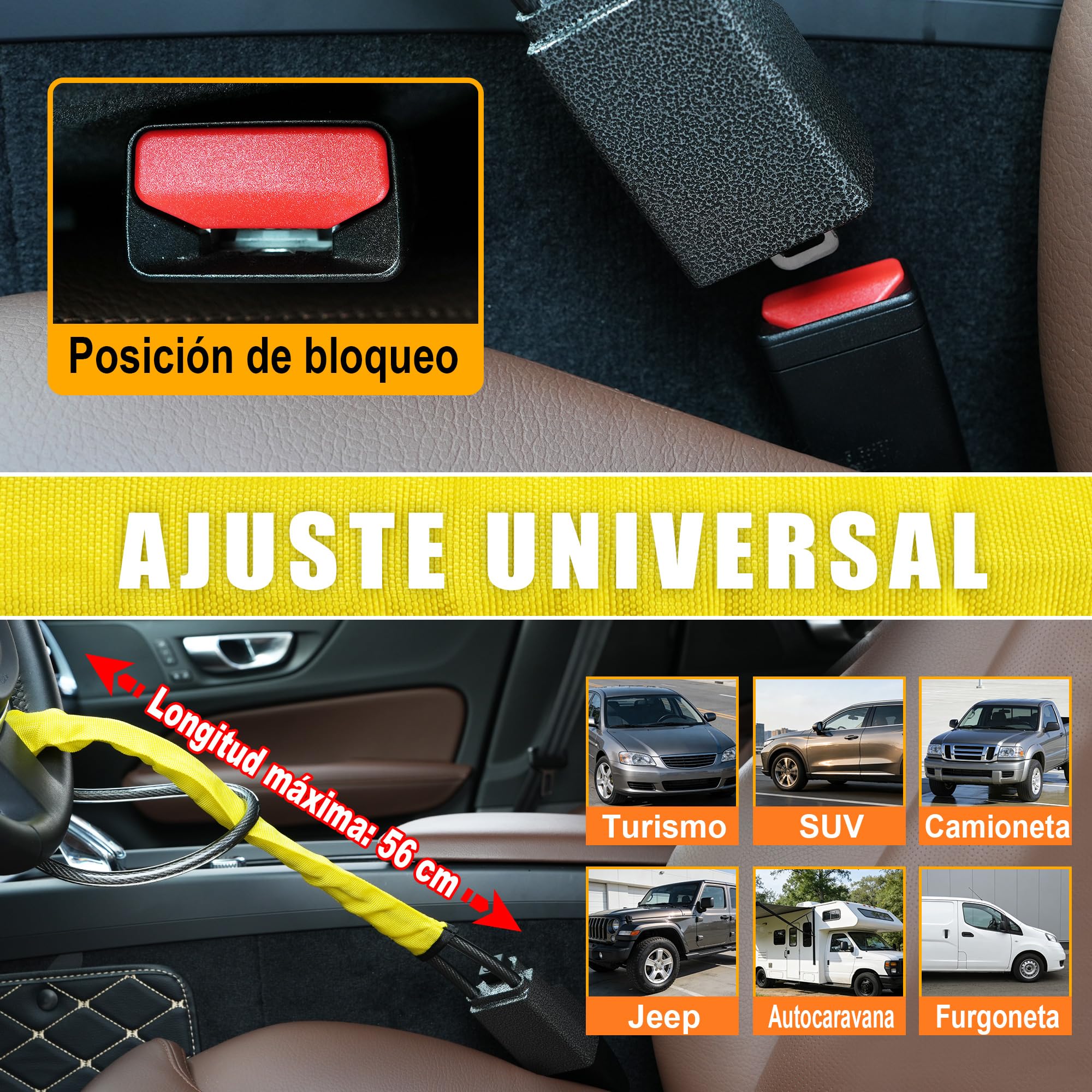 Bloqueo de volante Turnart, compatible con la mayoría de los modelos. Bloqueo antirrobo para automóviles resistente y duradero, apto para turismos, camiones, SUV y furgonetas; incluye 3 llaves
