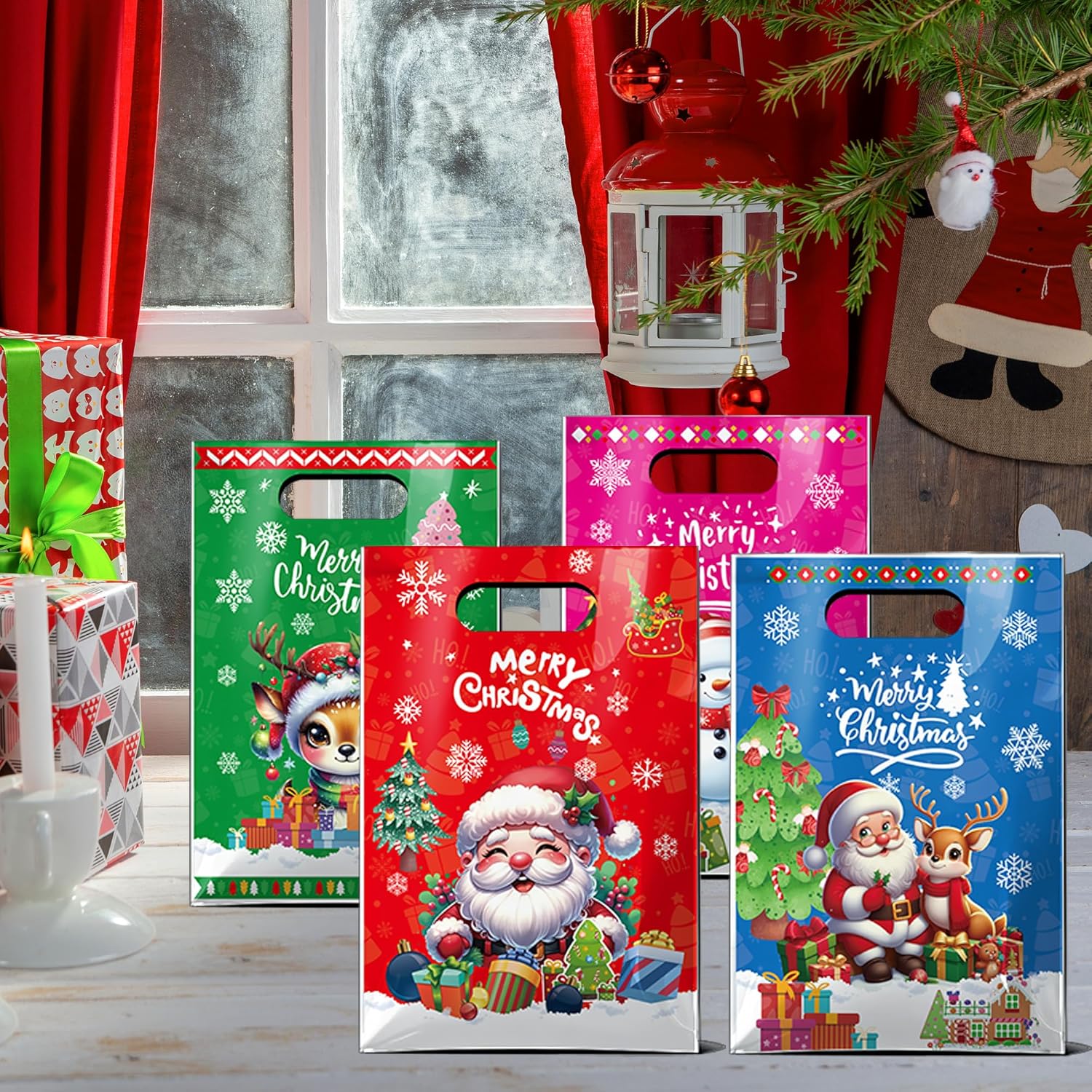 CUUSNNY 60 Pcs Christmas Plastic Gift Bags,Merry Christmas Goodie Bags Santa Claus Snowman Treat Candy Bag Bulk Party Favor Bag for Xmas Holiday Party Supplies 6.5 × 9.8 In - Image 4