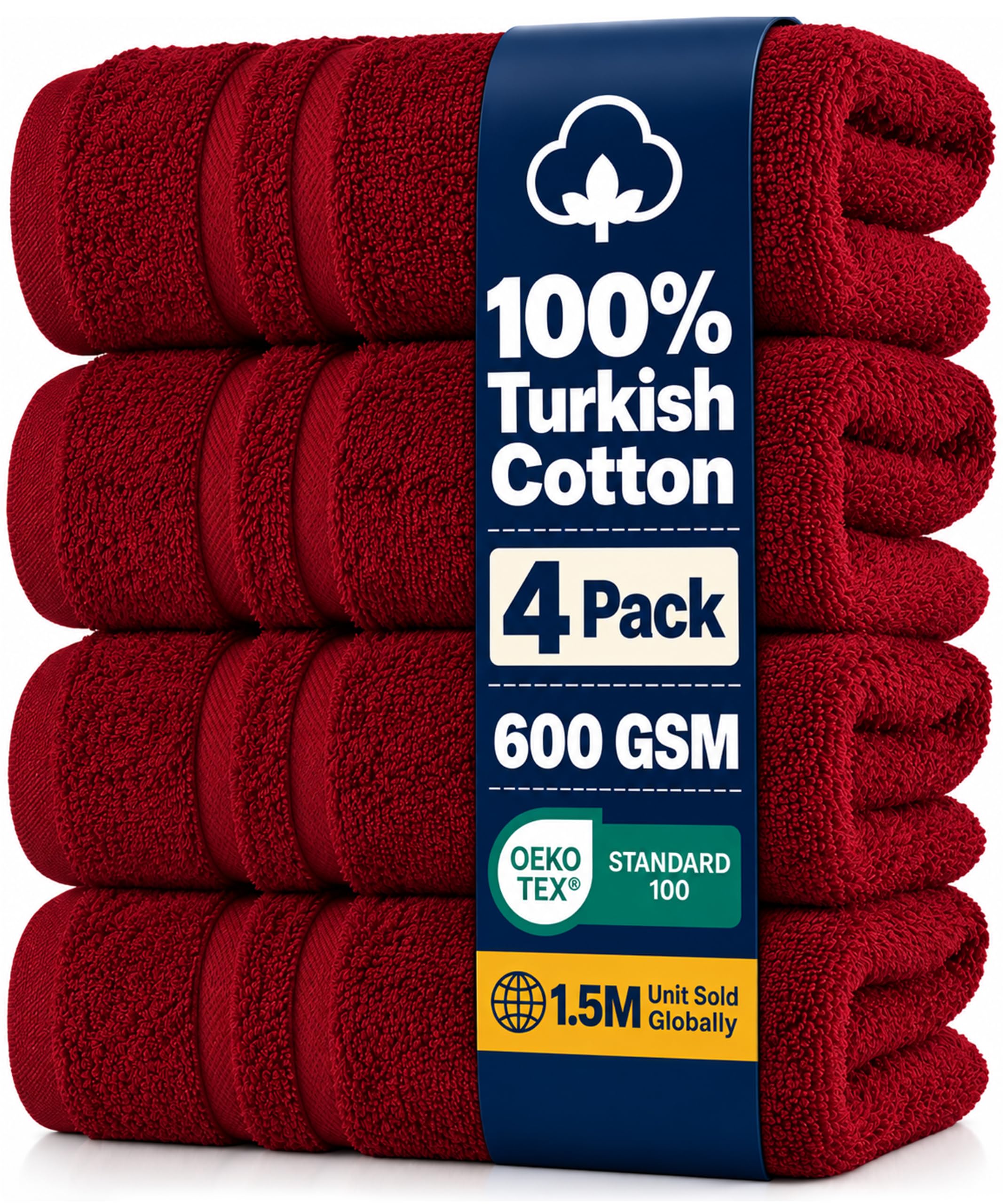 Hawmam Linen Hand Towels for Bathroom, Turkish Cotton, 4 Pack, Red
