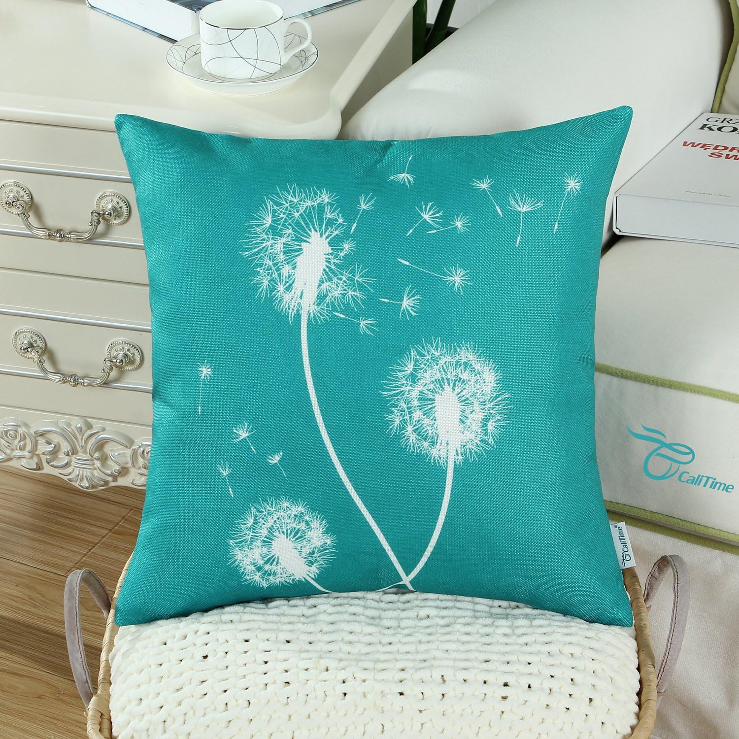CaliTime Pack of 2 Canvas Throw Pillow Covers Cases for Couch Sofa Home Decoration Solid Dandelion Print Both Sides 18 X 18 Inches Teal