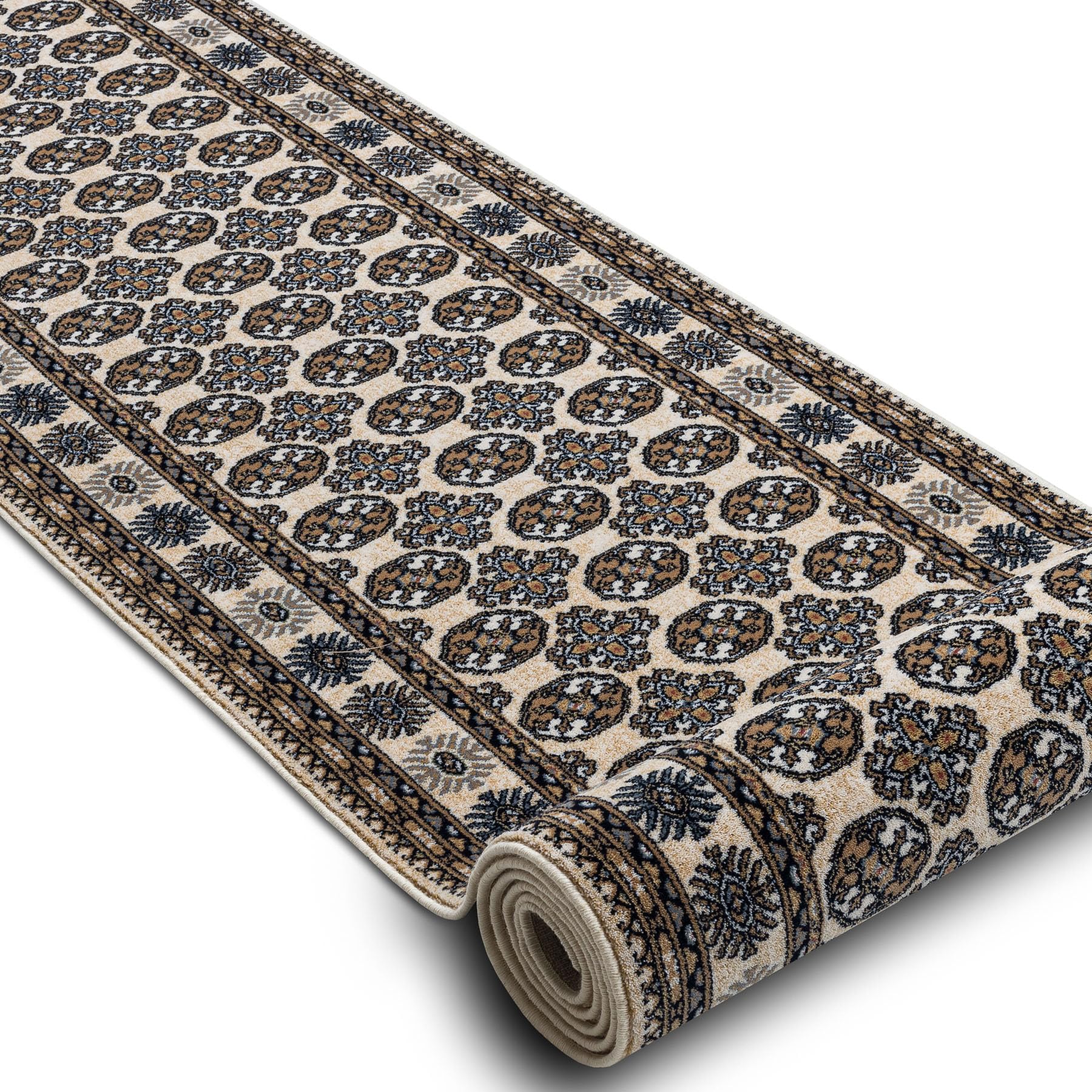 rugsx NAIN Läufer - Hochwertiger Wollteppich mit Rosettenmuster in Beige & Dunkelblau - Eleganter Orient-Teppich für Flur & Wohnzimmer 80x200 cm