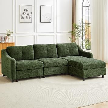 jiexi Corner Sofa with Sleep Function, Cord Sofa, L Shape Couch, Corner Sofa, Sofa Bed, 251 cm Dark Green 3 Seats + 1 Stool