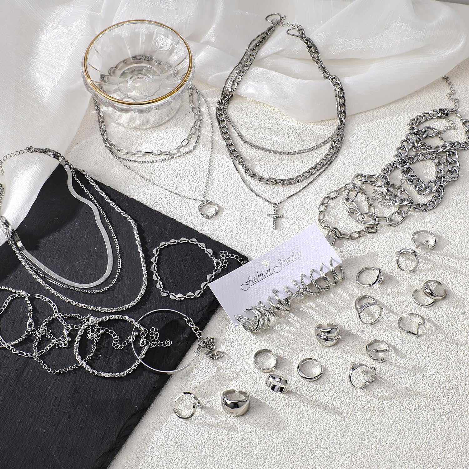 Silver Jewelry Set for Women, 38 Pcs Fashion Silver Plated Accessories with 3 Necklace 11 Bracelet, 6 Hoop Earrings 15 Knuckle Rings for Women Valentine Anniversary Birthday Friendship Gift