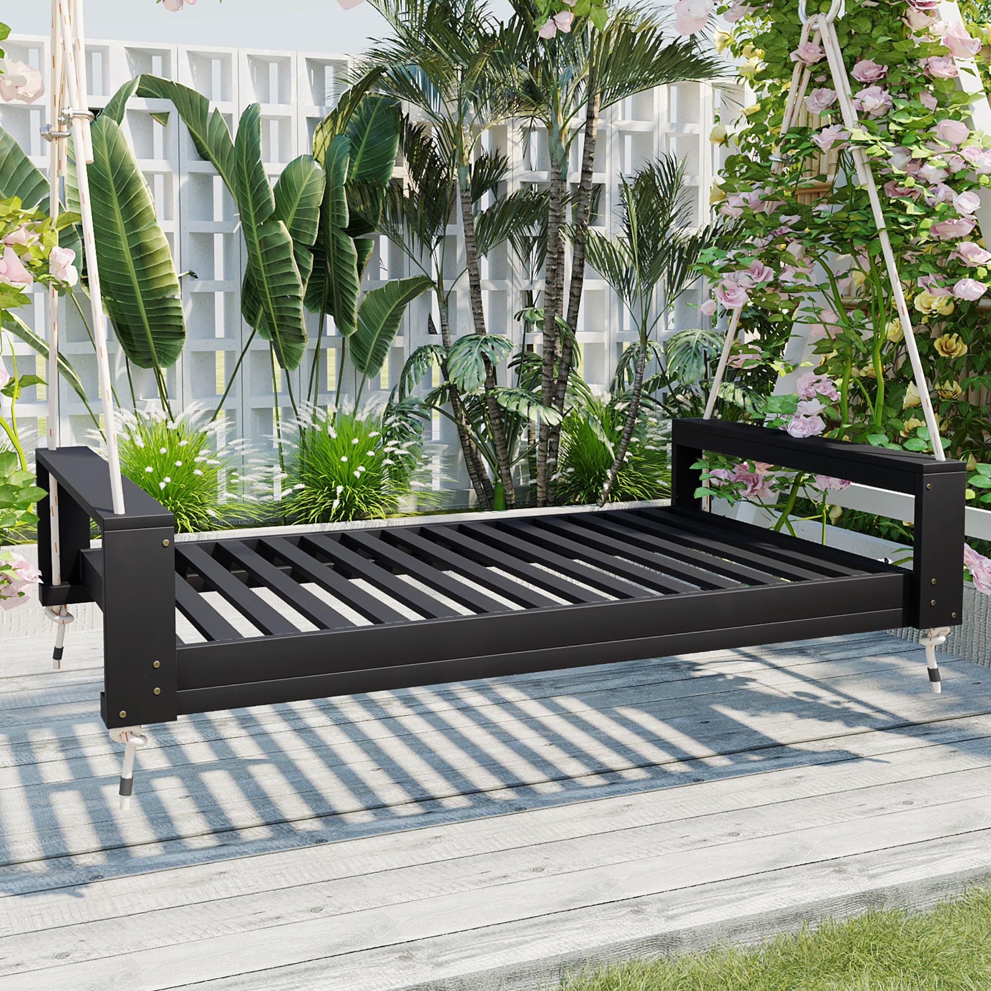 Twin Size Porch Swing Bed Seating Group, Patio Acacia Wood Swing Frame with Hemp Ropes for Garden, Backyard, Poolside, Black