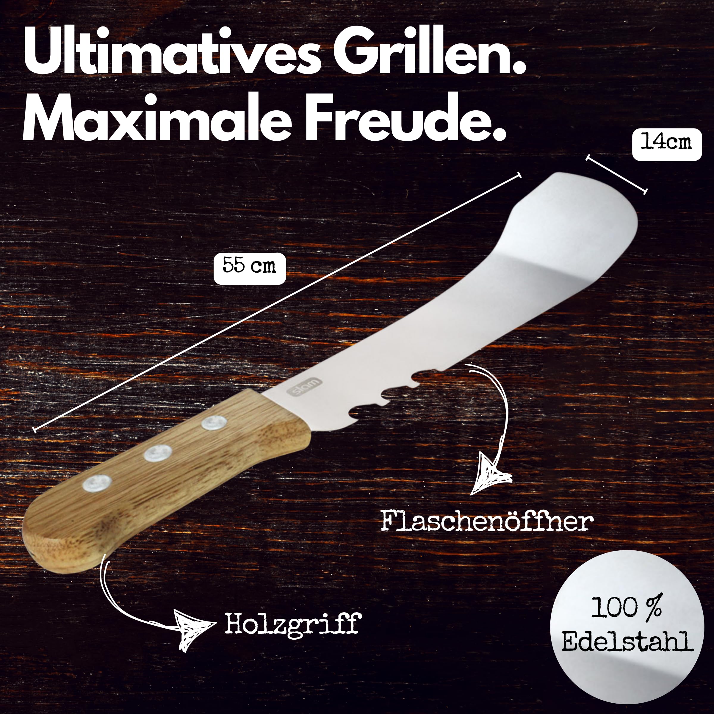 Winkee - Grillmachete de alta calidad I Hoja de acero inoxidable con mango de madera I Grill Machete I Grill Machete I Cubiertos de barbacoa con abrebotellas, espátula para barbacoa I Accesorios de