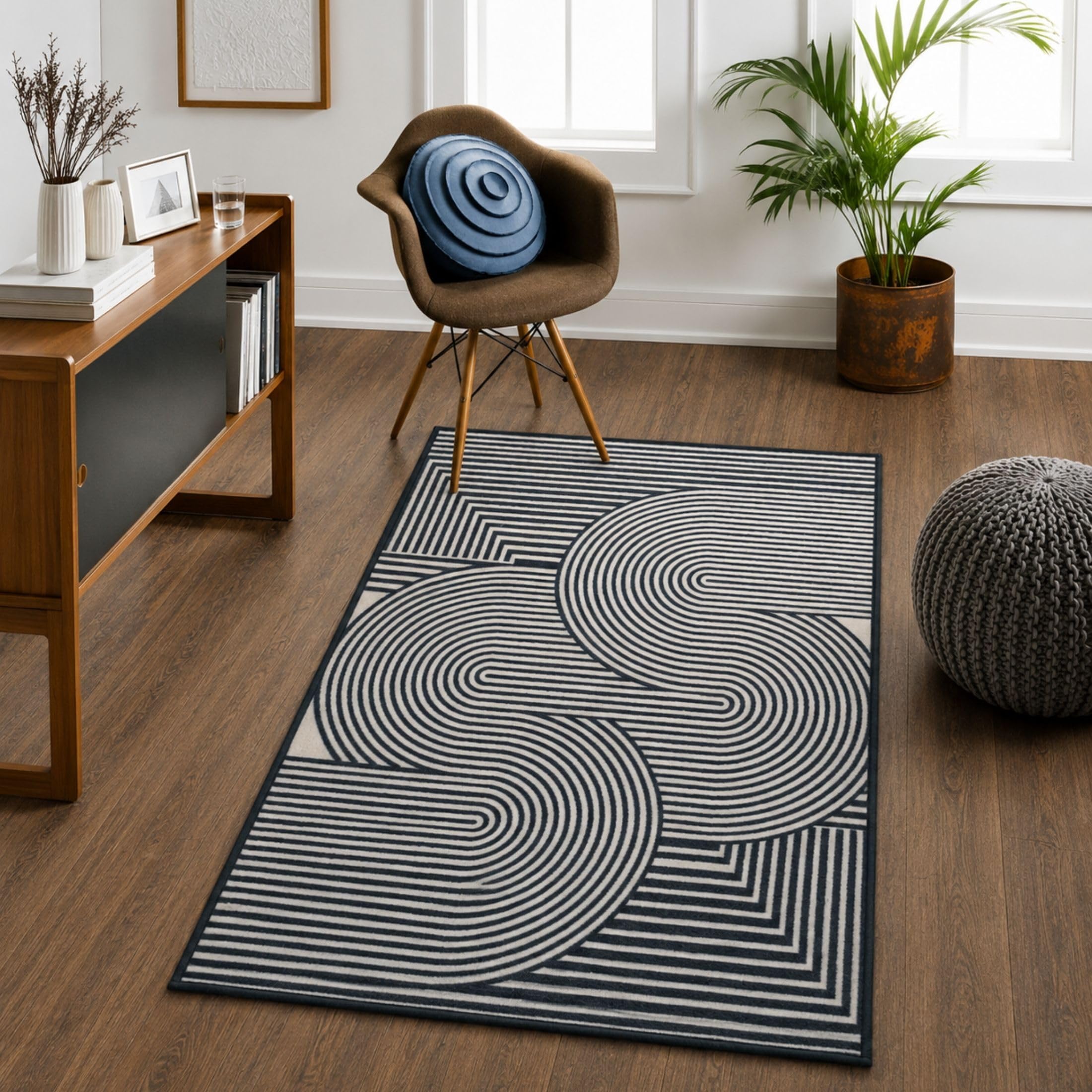 DECOVIA Digital Print Carpet | Microfiber Nylon Digital Print with Anti Skid Carpet | Vintage Style, Carpet for Bedroom, Dining Room, Hall, Entryway, Guest Room | Geomatric Black 3x5 Feet