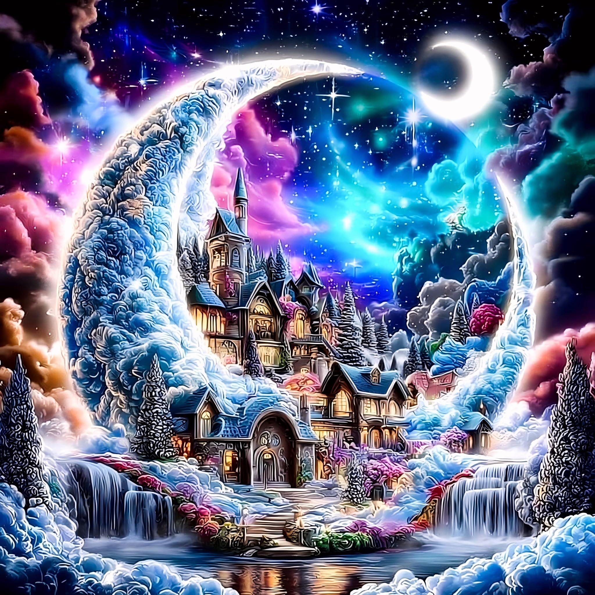 Reofrey DIY Diamond Art Kits for Adults Moon House, Full Drill Round Rhinestone Diamond Painting Kits for Adults, Cross Stitch Embroidery Canvas for Crafts Home Wall Decor 30x30cm