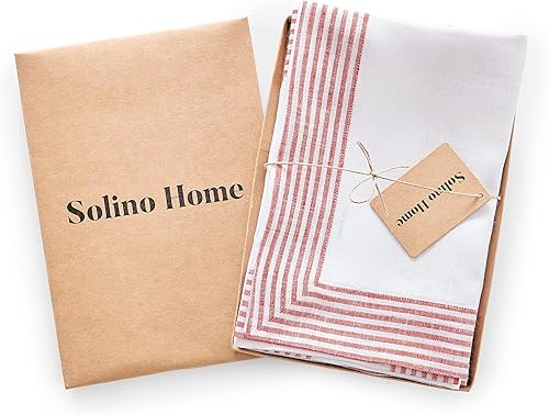 Miniatura 4 de Solino Home Servilletas de cena de lino rojo de 20 x 20 pulgadas, juego de 4 servilletas de tela de lino 100% puro, con diseño de borde a rayas,