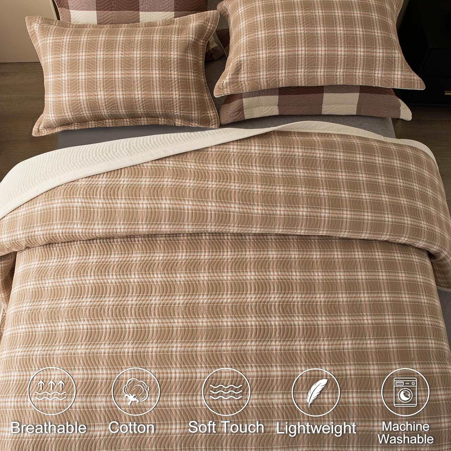 Cotton Plaid Quilt Set, Ultra Soft 3 Pieces King Size Bedding with 2 Pillow Shams, Lightweight Reversible Coverlet Bedspread with Wave Quilting for Summer, 108"x96", Grid- Beige - Image 7