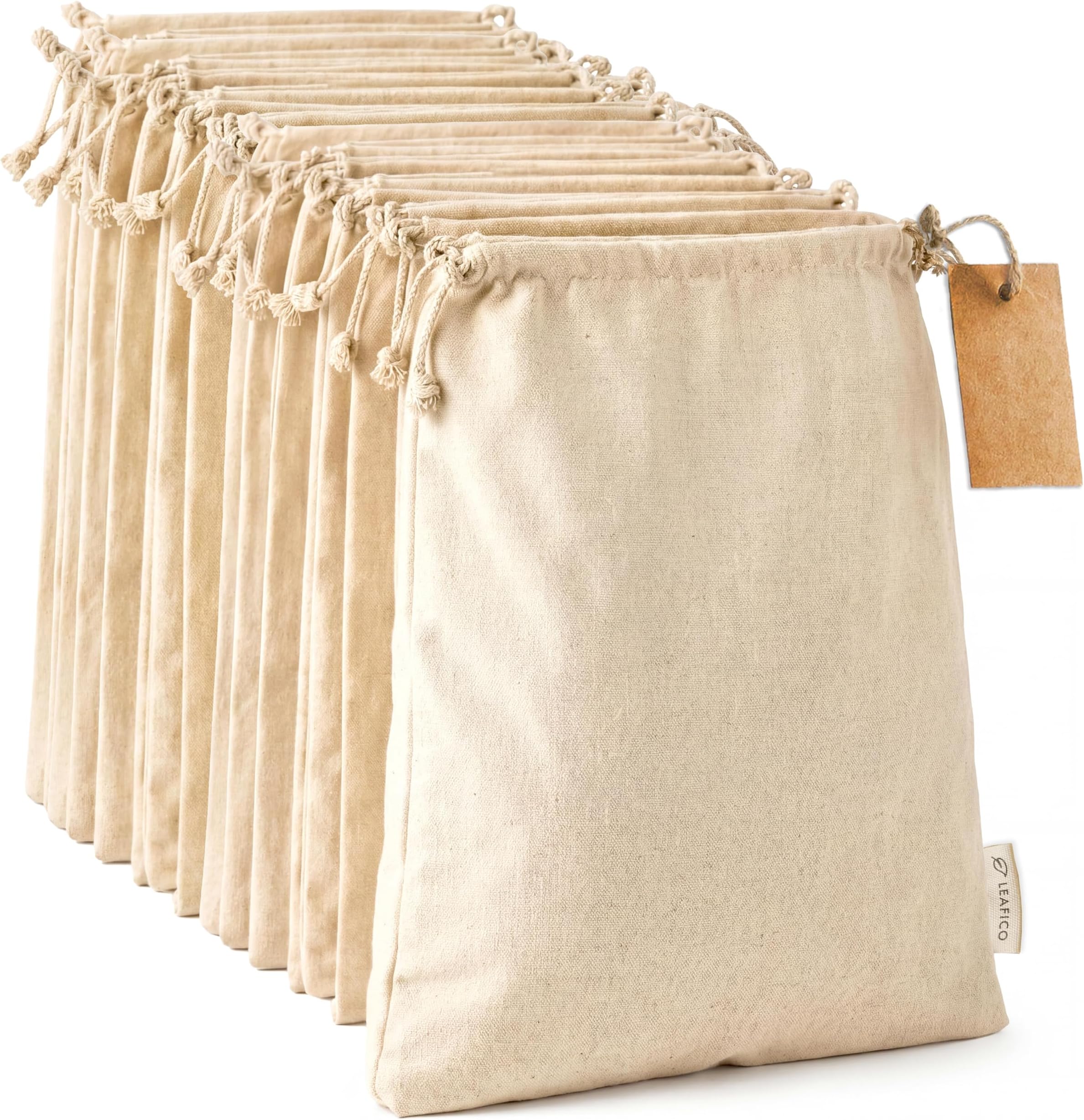 (Medium (20cm x 25cm )) - Organic Cotton Muslin Produce Storage Bag with Drawstrings, Medium 20cm x 25cm , Sachet Bags, Canvas Bags, Great for Grocery Shopping & Household Organising, Gift Bags/Ideas, 12 count pack Leafico