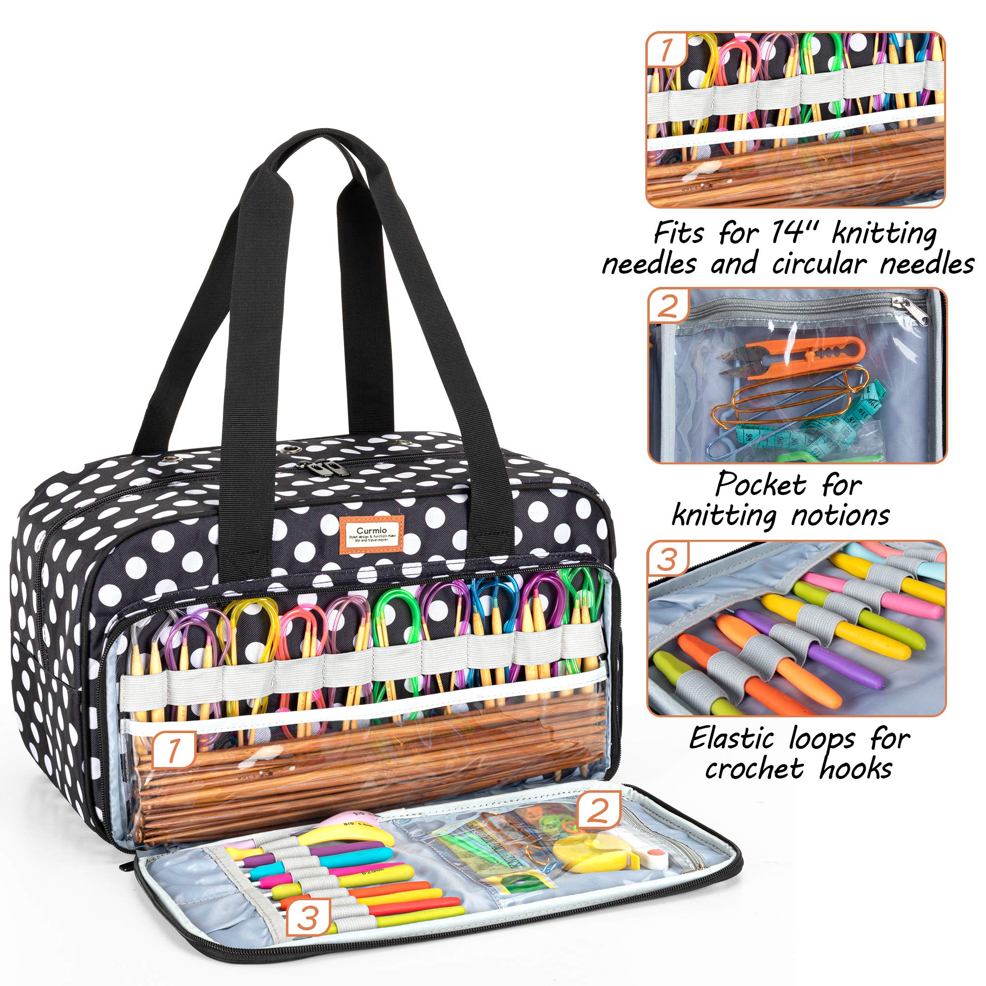CURMIO Sac de rangement de fil, sac fourre-tout à tricoter pour crochets, projet de tricot et accessoires, idéal pour les débutants au crochet et les amateurs de tricot, sac seulement, Pois