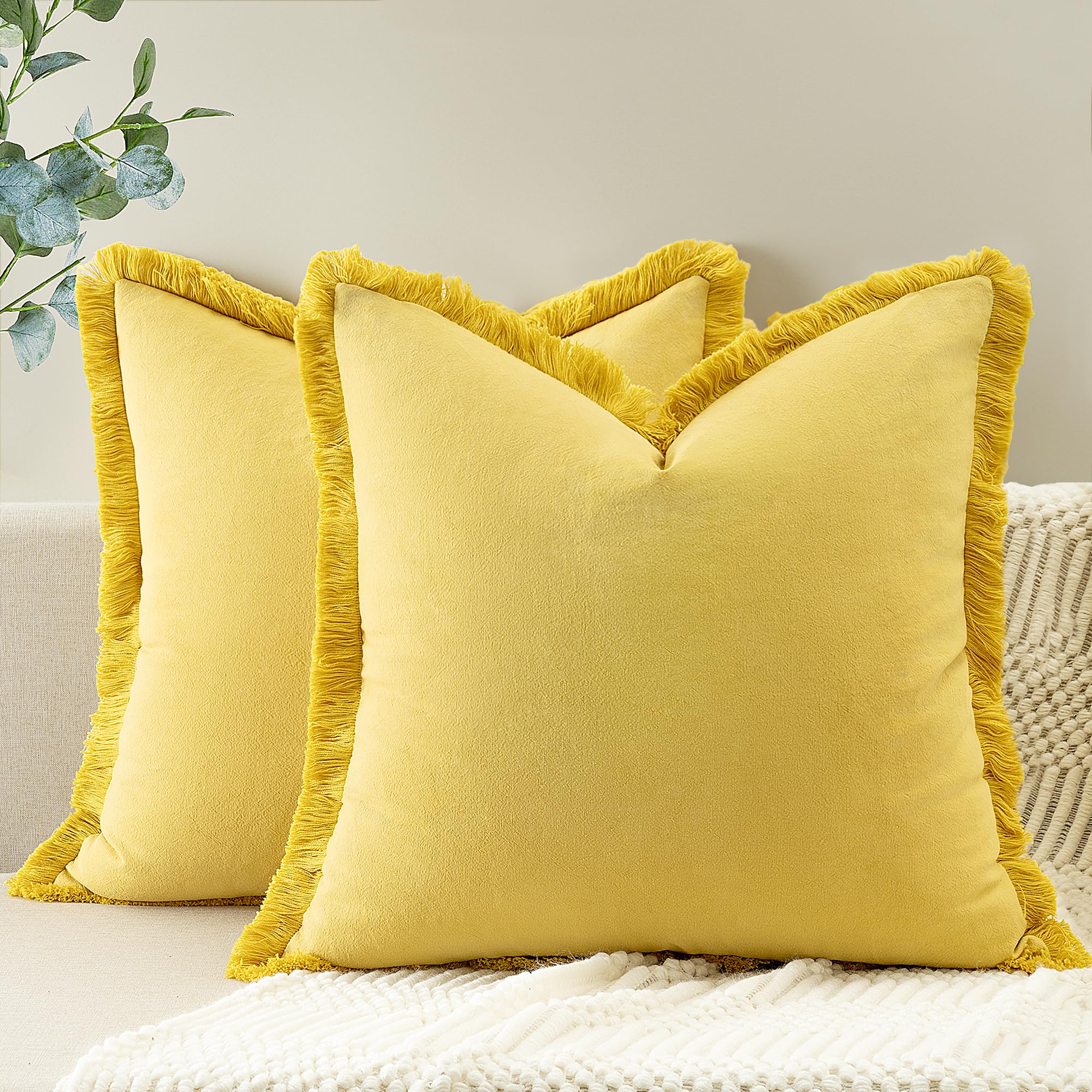 ZWJD Farmhouse Pillow Covers 22x22 Set of 2 Yellow Throw Pillow Covers with Fringe Chic Cotton Decorative Pillows Square Cushion Covers for Sofa Couch Bed Living Room Boho Decor