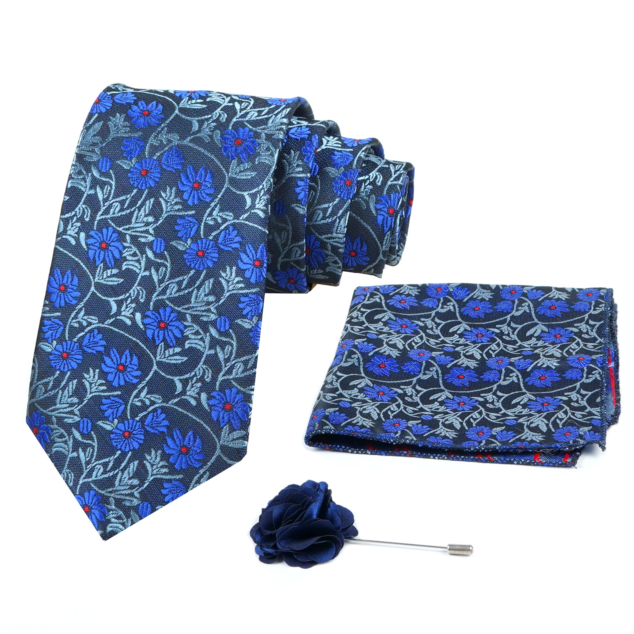 axlon Mens Plaid Micro Self Silk Necktie Gift Set With Pocket Square & Brooch Pin Tie for Men Formal Tie Set with Box (Pack of 3) (Blue, 2022AX_27)-picture-35