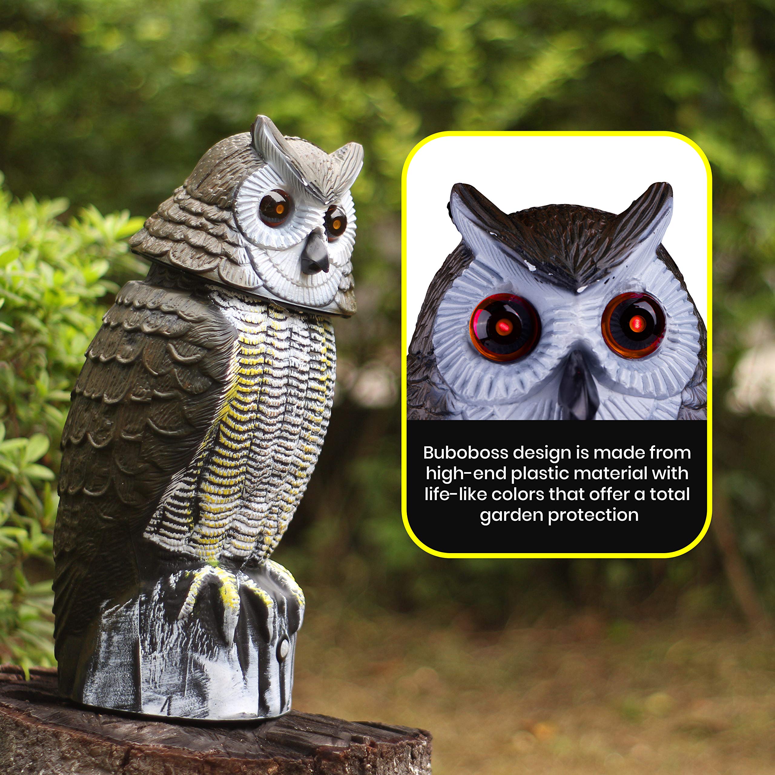 BuboBoss Fake Scarecrow Owl Decoy 16 Inch Solar Powered Motion