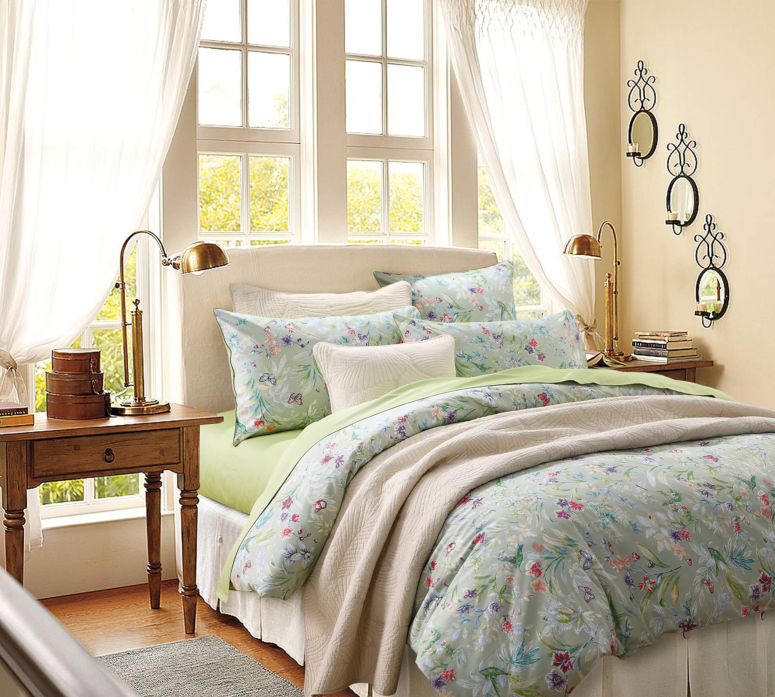 USTIDE Green Oil Painting Duvet Cover Set 3 Pieces Farmhouse Floral Bedding Set Bed Cover with 2 Pillowcases,Double Size - Image 2