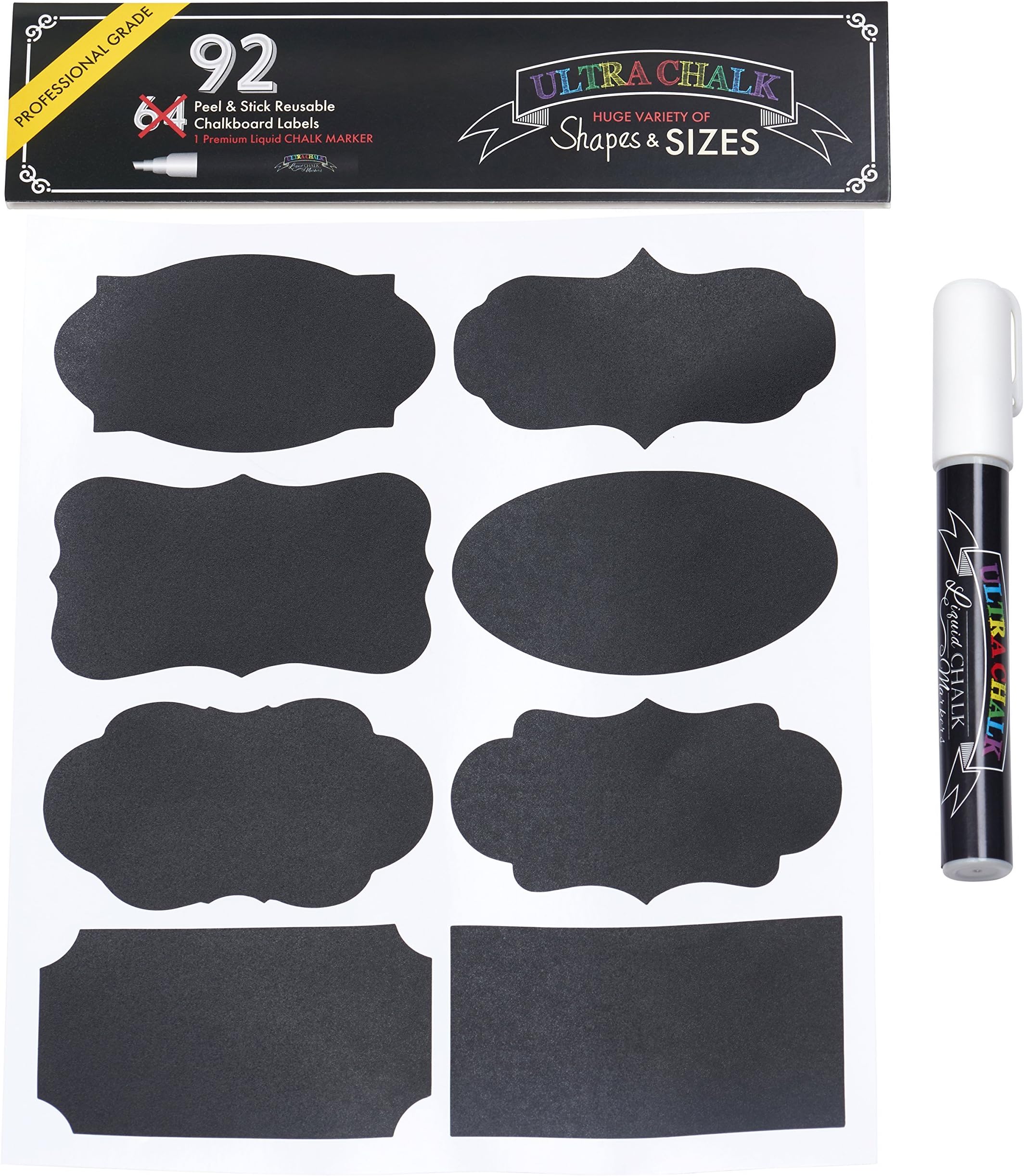 92-Pack Chalkboard Labels with Free Liquid Chalk Marker - Peel & Stick, Wipeable, Reusable Chalkboard Labels Perfect for Mason Jars, Canisters and More