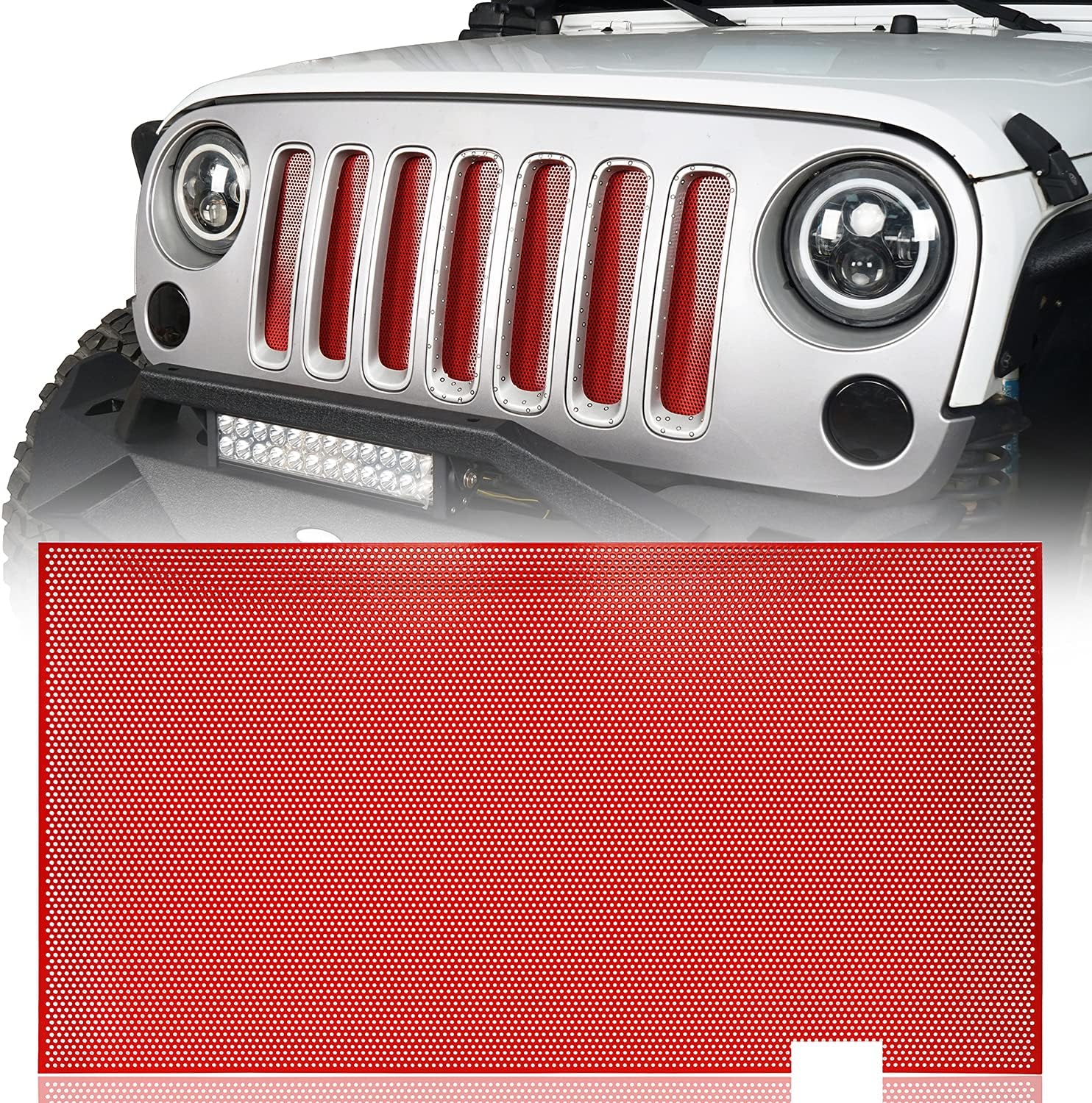 Hooke Road Wrangler Red Accessories Front Grille Mesh Insert Bug Screen Deflector Compatible with Jeep JK Wrangler 2007-2018