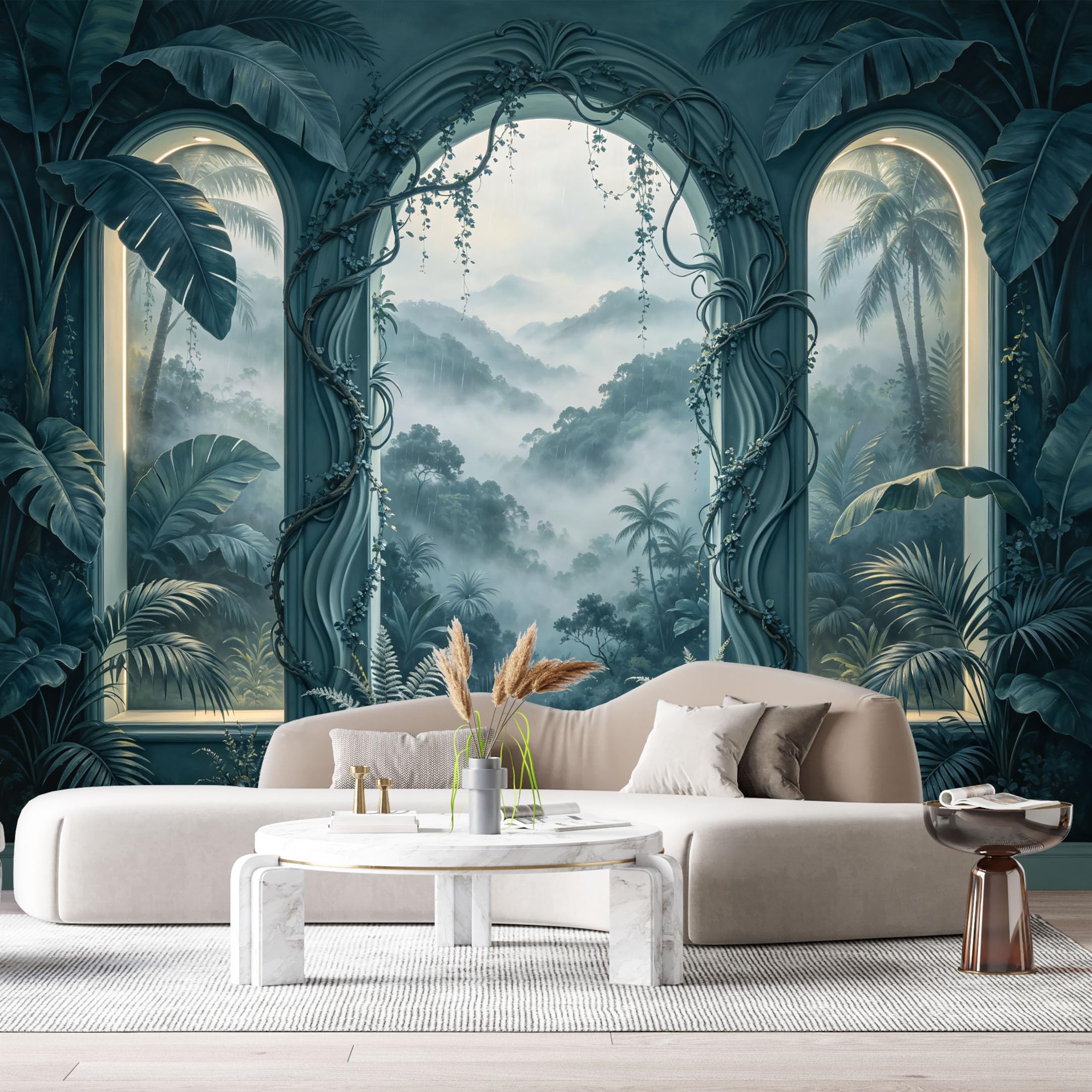 Custom Size Wall Murals Tropical Rainforest Arch Window View 3D Trompe L'Oeil SelfAdhesiveWall Fabric Removable Wallpaper Wall Decor for Living Room Bedroom Bathroom