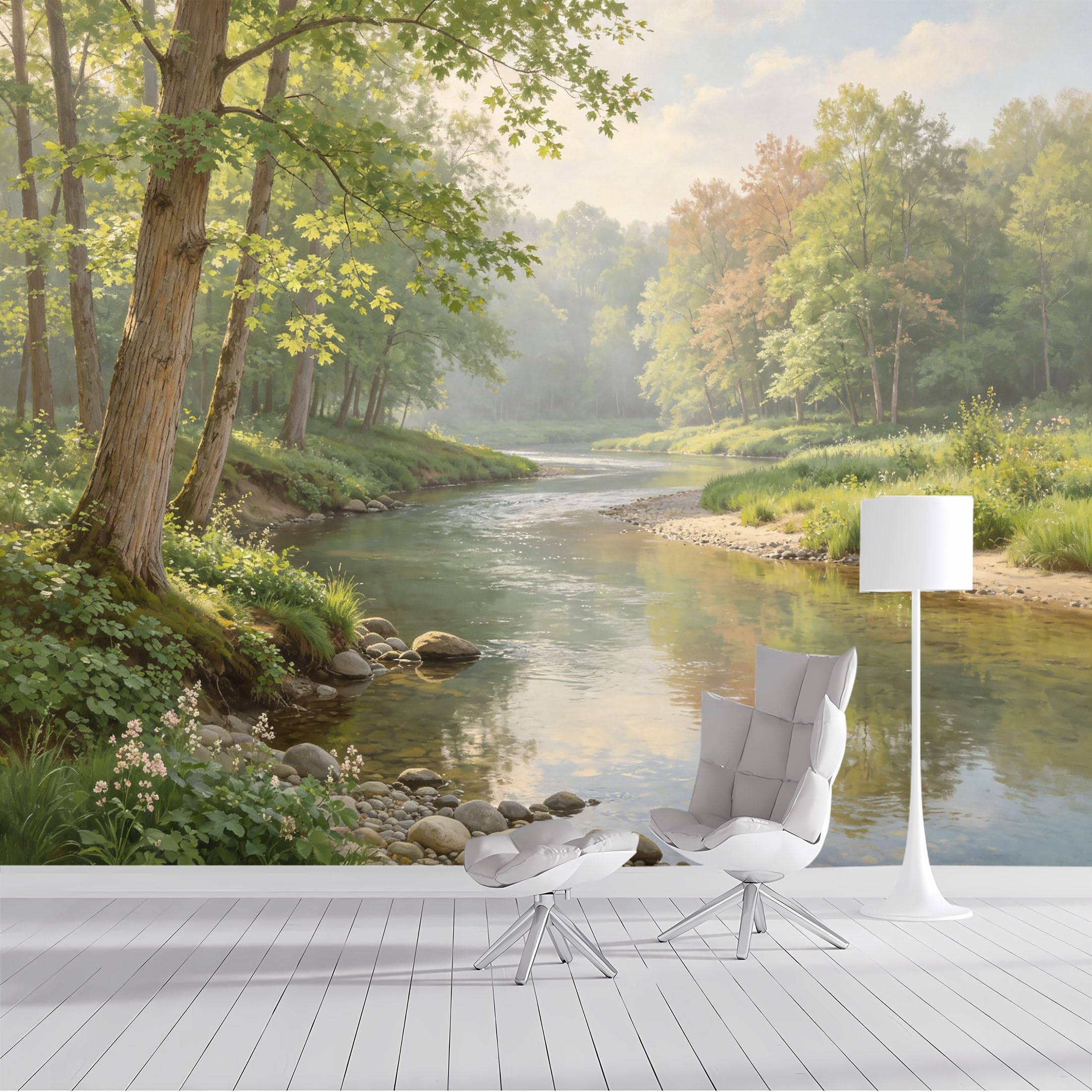 Custom Size Wall Mural Tranquil River Forest Landscape Oil Painting SelfAdhesive Wall Fabric Removable Peel and Stick Wallpaper Wall Decor for Living Room Bedroom Bathroom